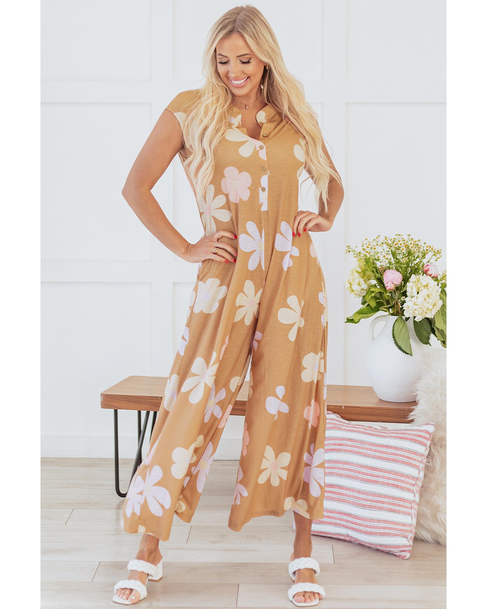 Khaki Floral Print Sleeveless Button up Wide Leg Loose Jumpsuit - L 8