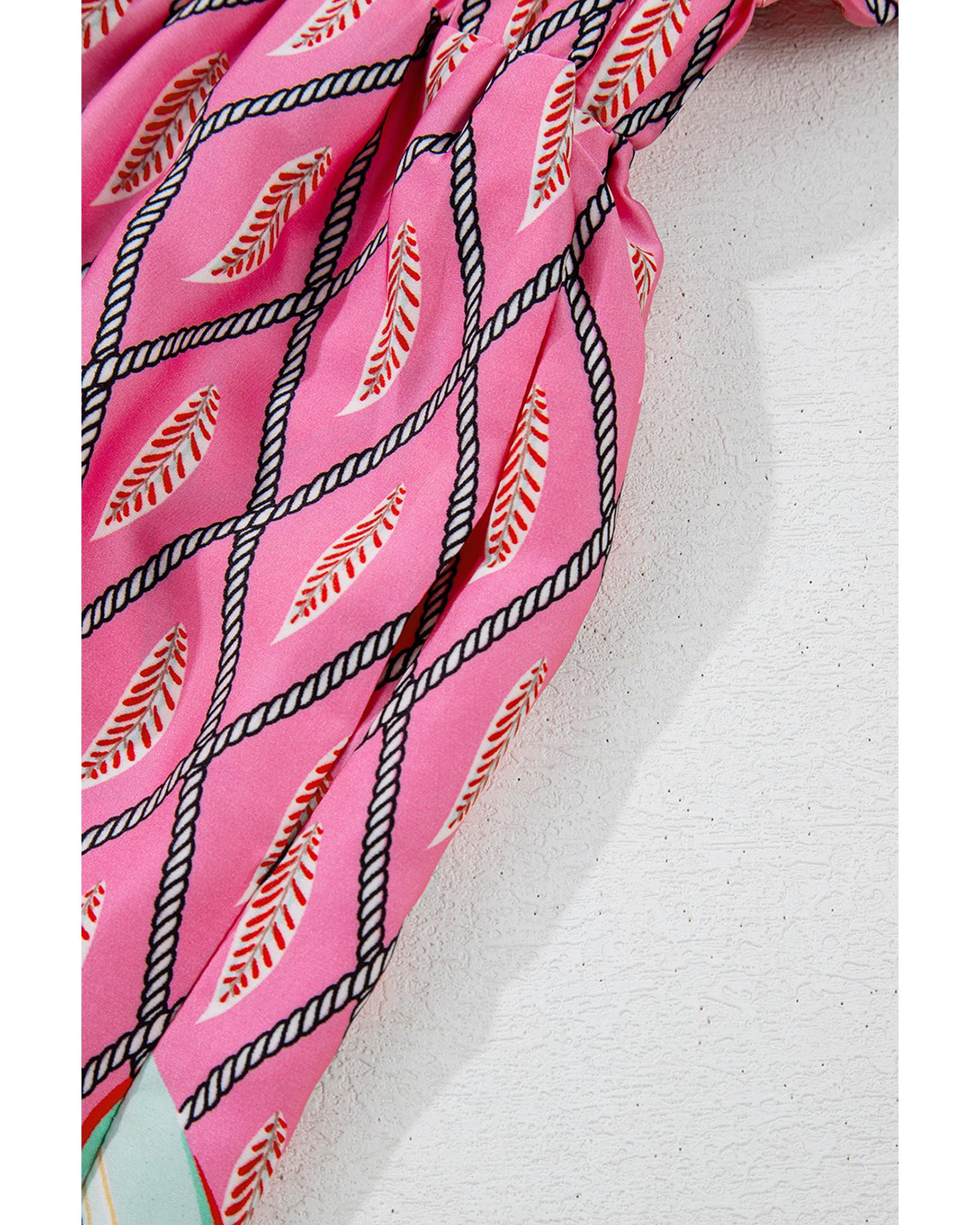 Pink Paisley Geometric Print V Neck High Waist Romper - L 4