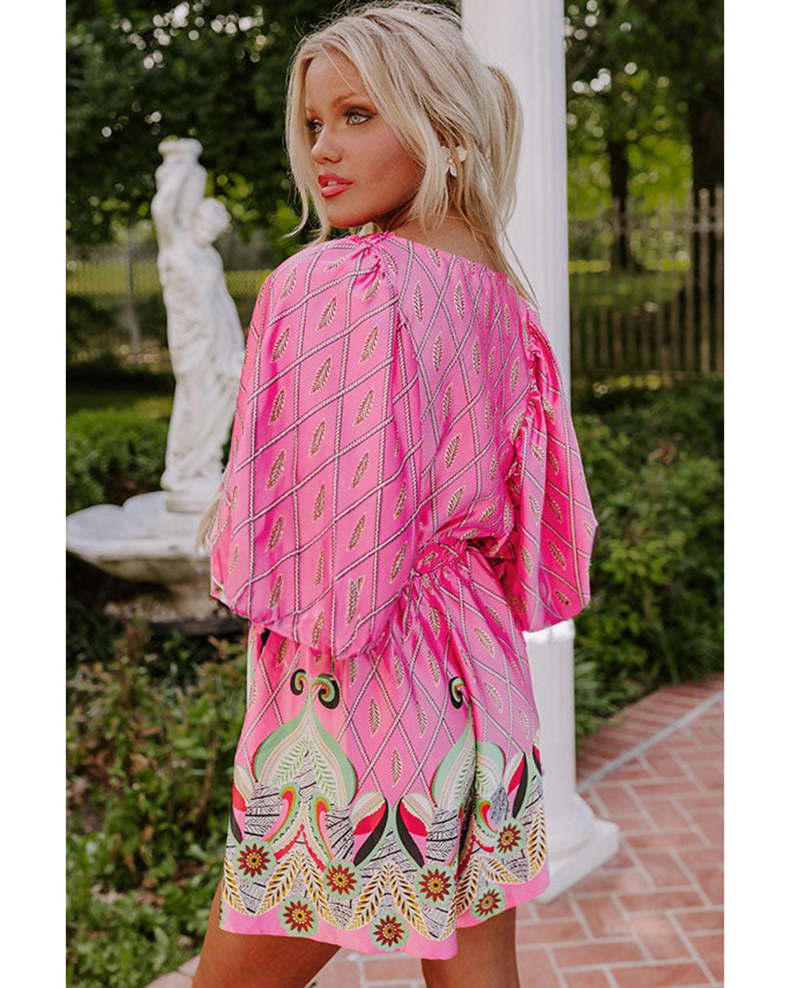 Pink Paisley Geometric Print V Neck High Waist Romper - L 6