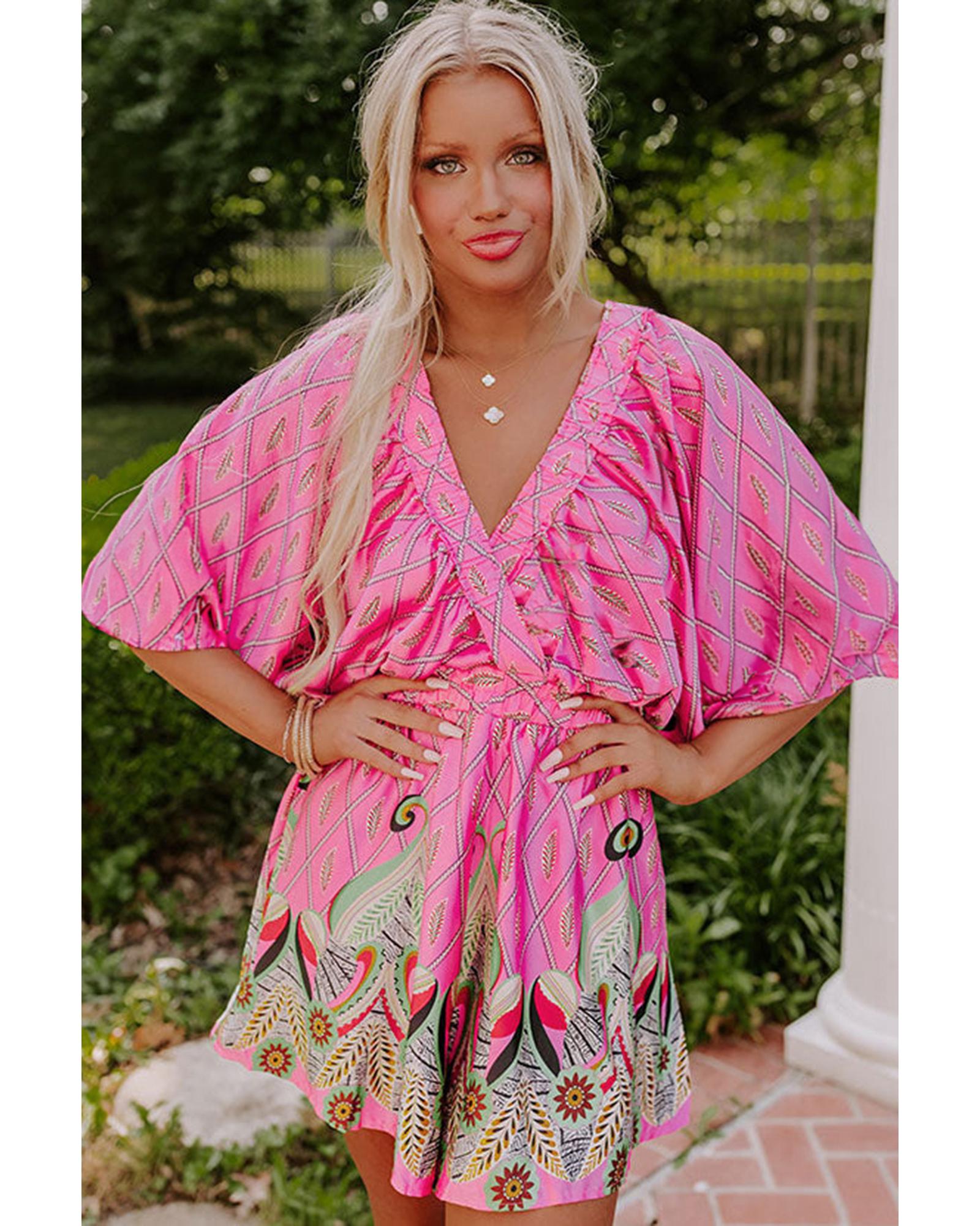 Pink Paisley Geometric Print V Neck High Waist Romper - L 8