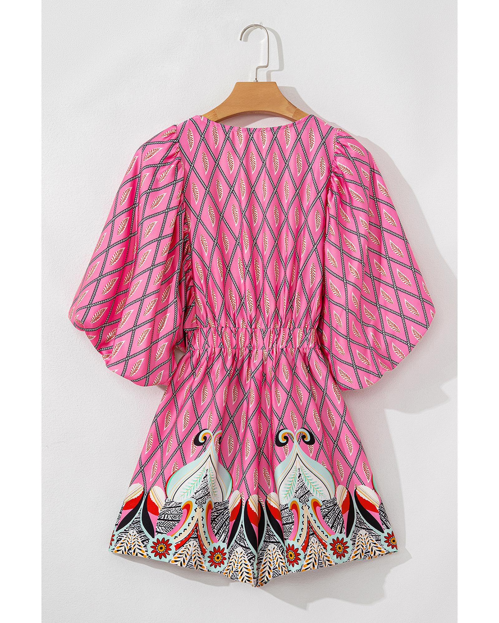 Pink Paisley Geometric Print V Neck High Waist Romper - M