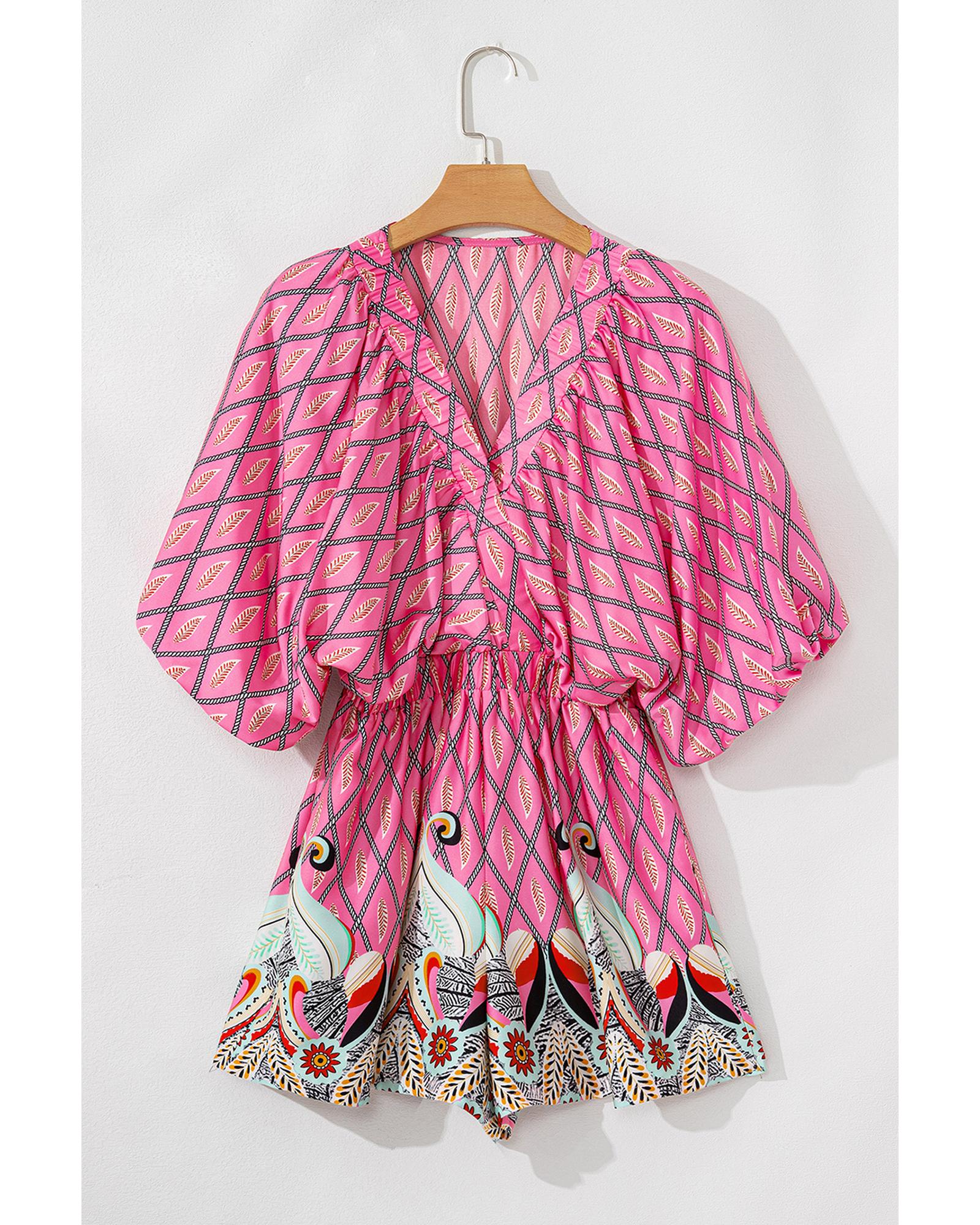Pink Paisley Geometric Print V Neck High Waist Romper - S 5