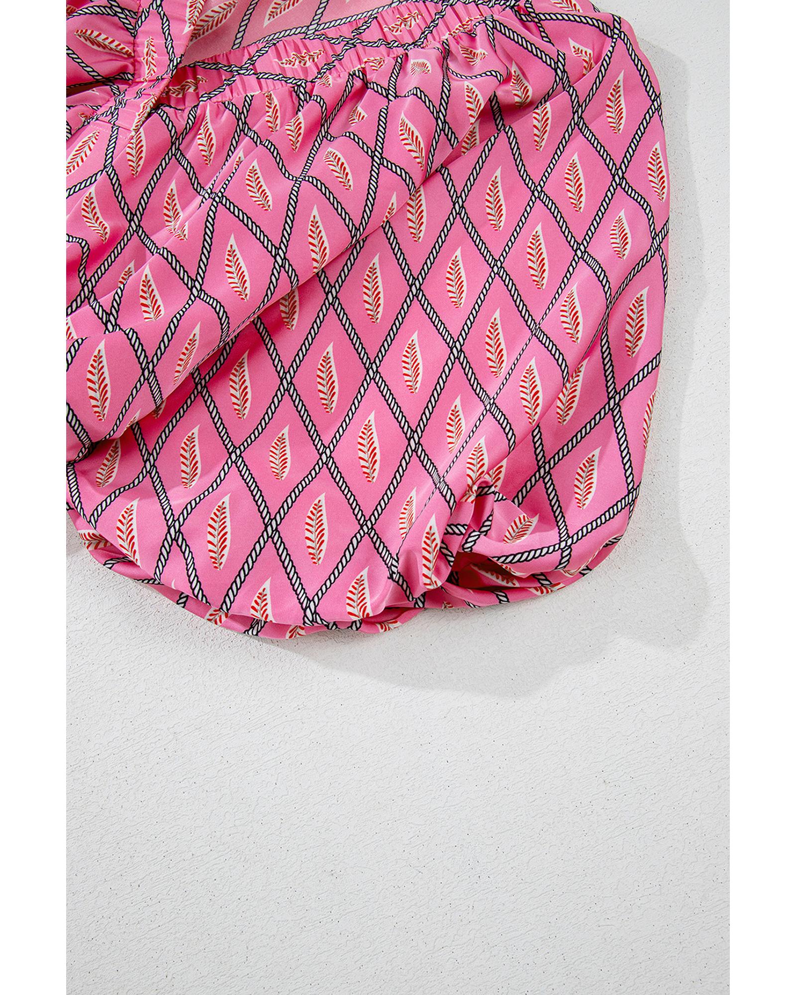 Pink Paisley Geometric Print V Neck High Waist Romper - XL 3