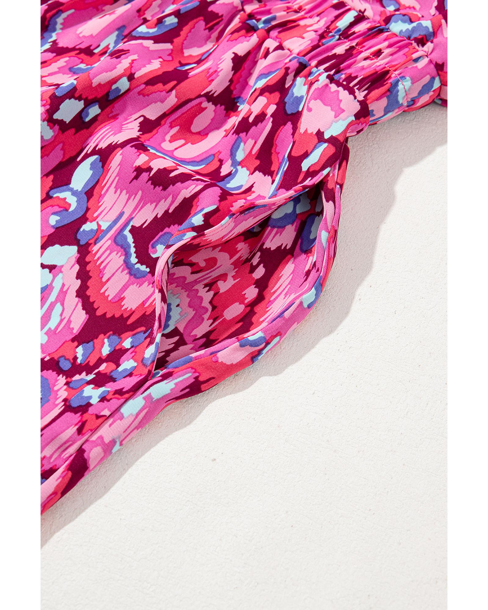 Pink Abstract Print Puff Sleeve V Neck High Waist Romper - L 6