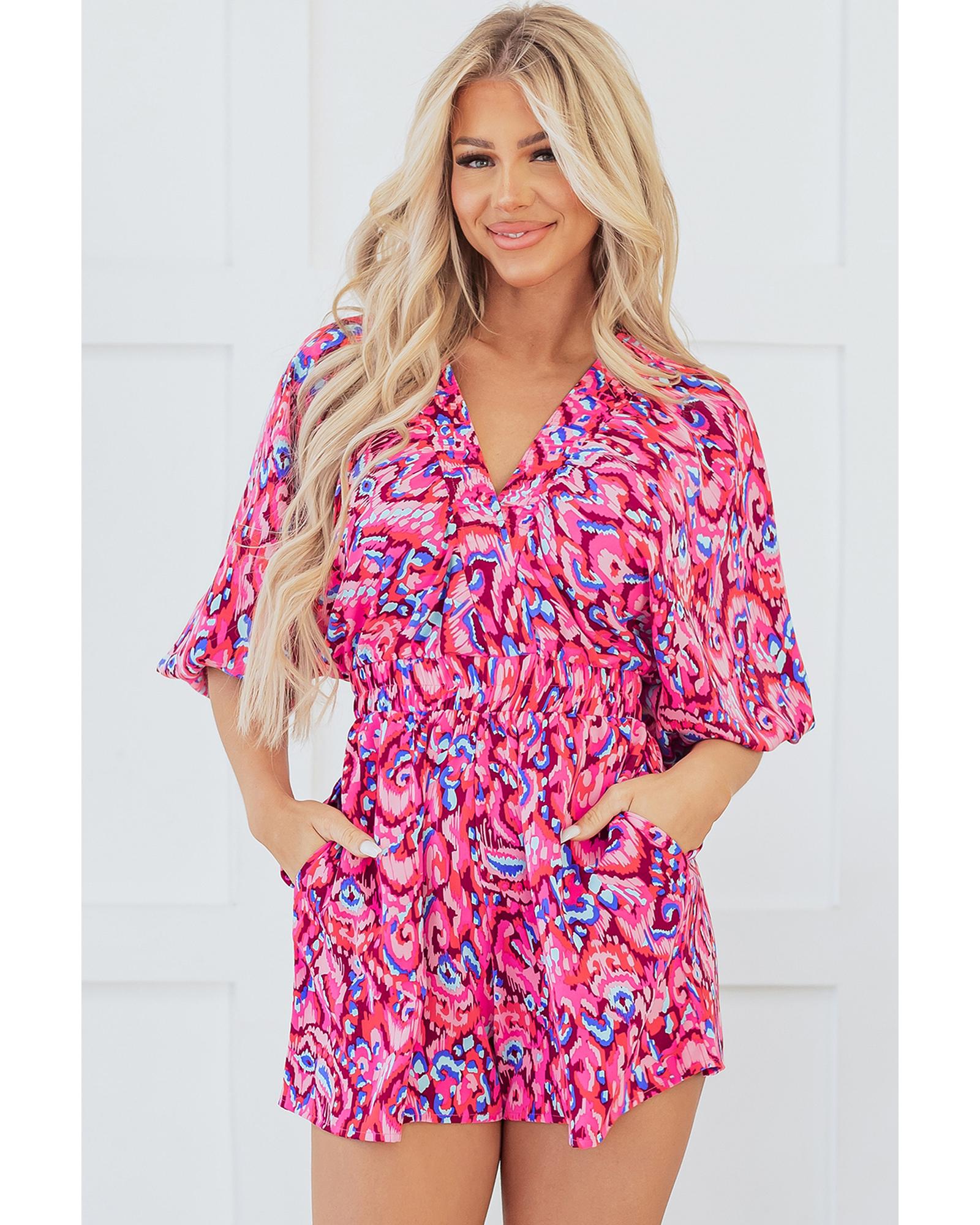 Pink Abstract Print Puff Sleeve V Neck High Waist Romper - L 8