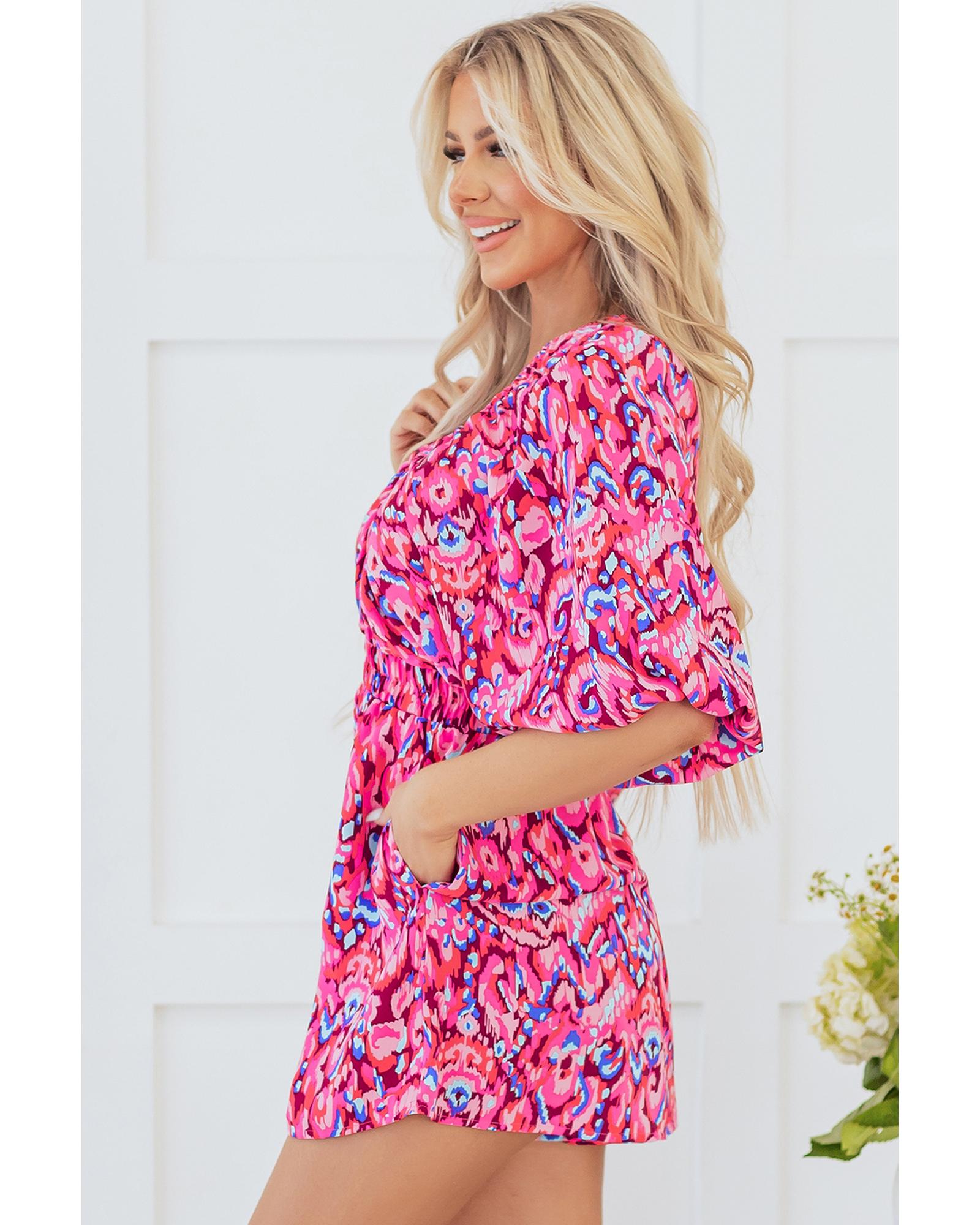 Pink Abstract Print Puff Sleeve V Neck High Waist Romper - S 3
