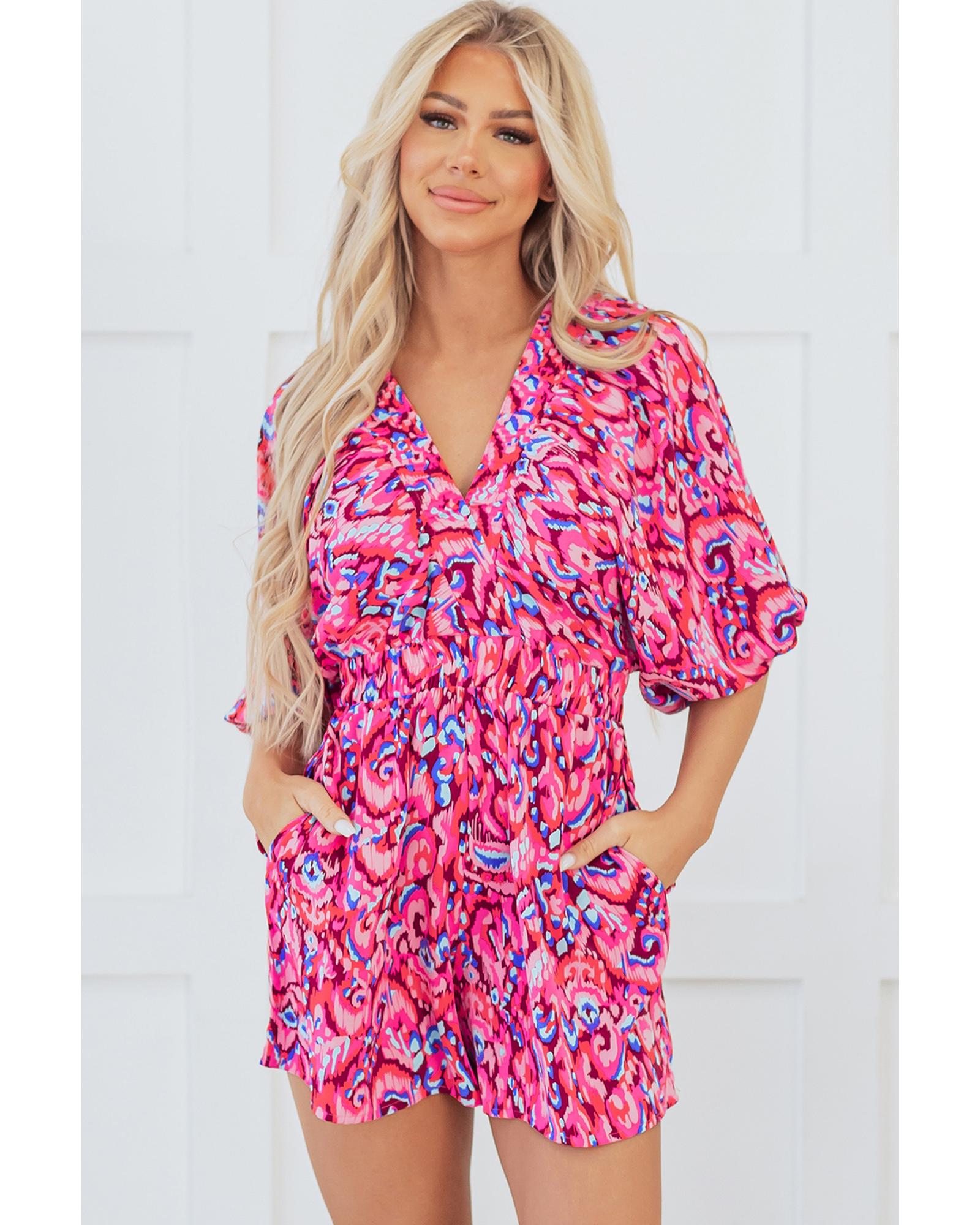 Pink Abstract Print Puff Sleeve V Neck High Waist Romper - S 4