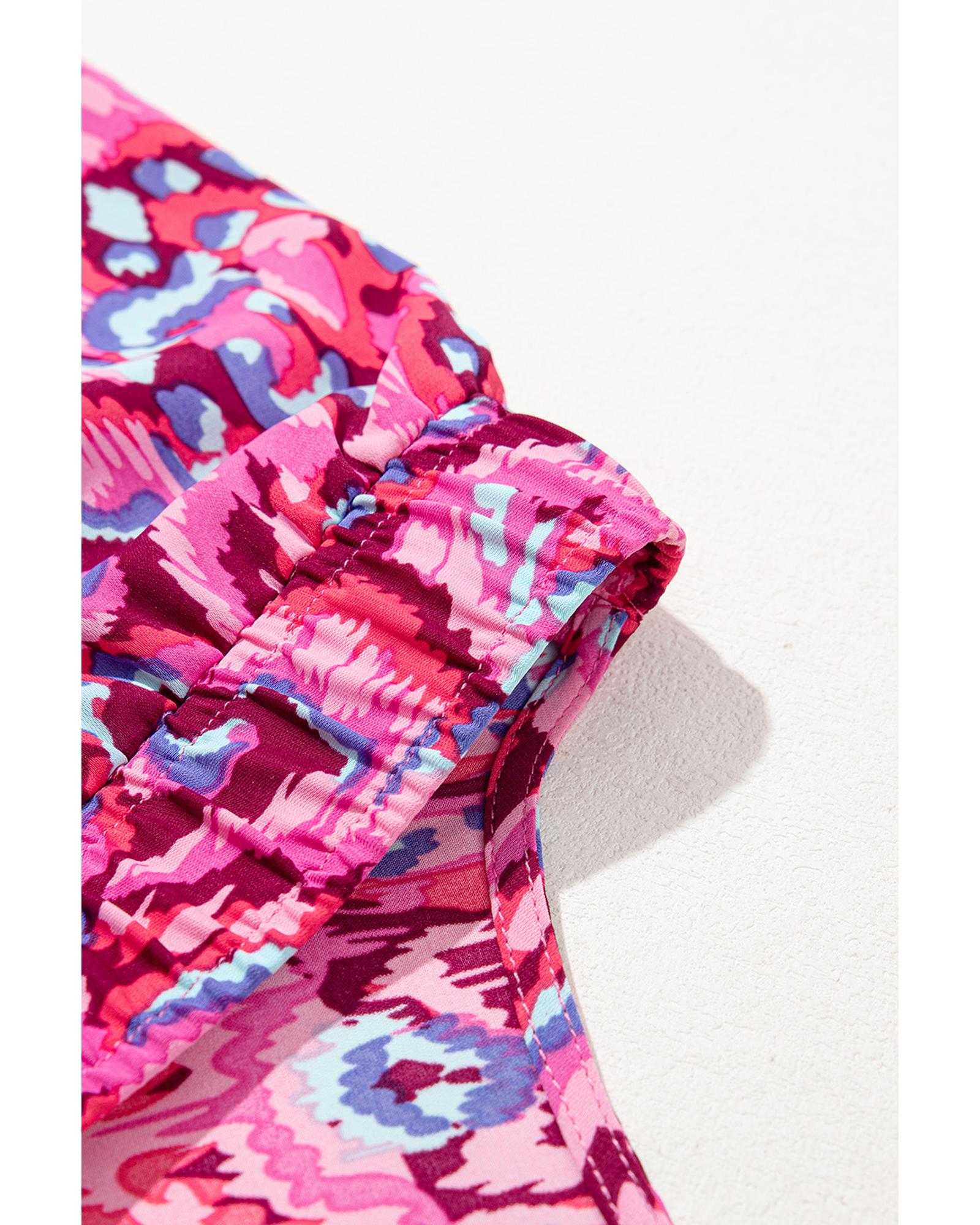 Pink Abstract Print Puff Sleeve V Neck High Waist Romper - XL 5