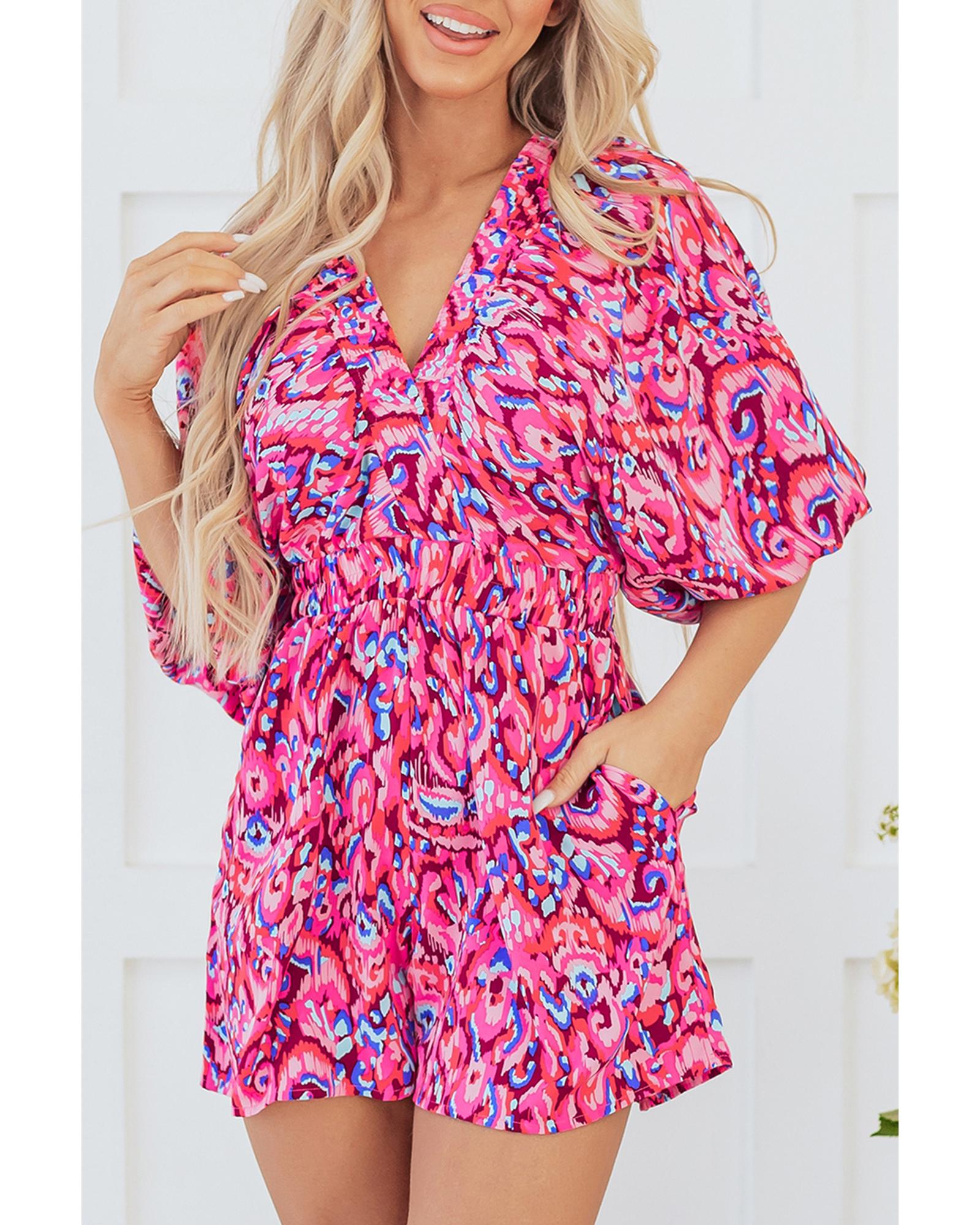 Pink Abstract Print Puff Sleeve V Neck High Waist Romper - XL 7
