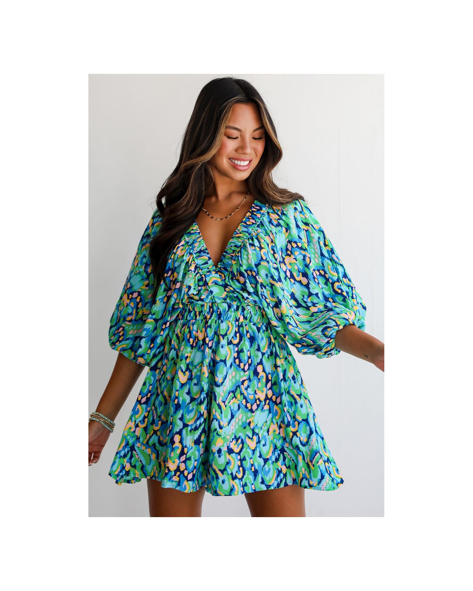 Green Abstract Print Puff Sleeve V Neck High Waist Romper - L