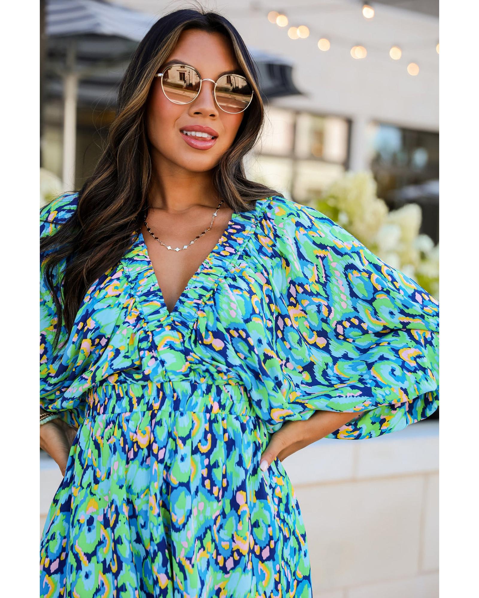 Green Abstract Print Puff Sleeve V Neck High Waist Romper - L 6