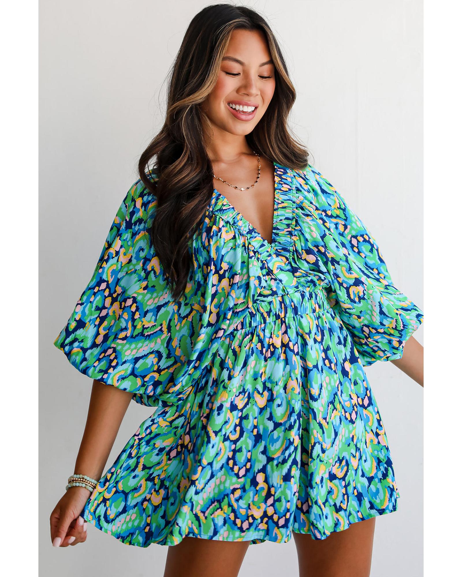 Green Abstract Print Puff Sleeve V Neck High Waist Romper - M