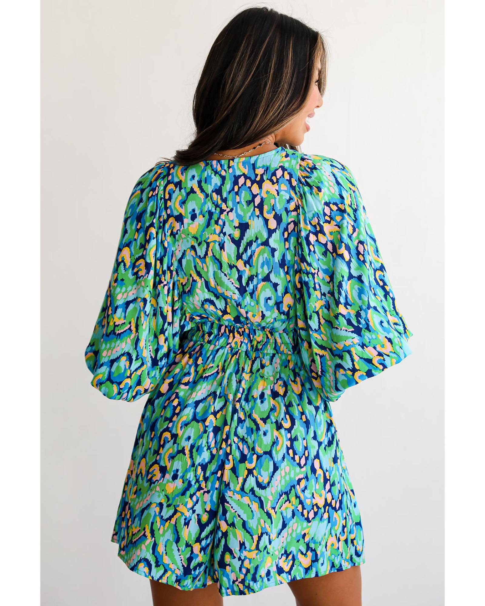 Green Abstract Print Puff Sleeve V Neck High Waist Romper - M 3