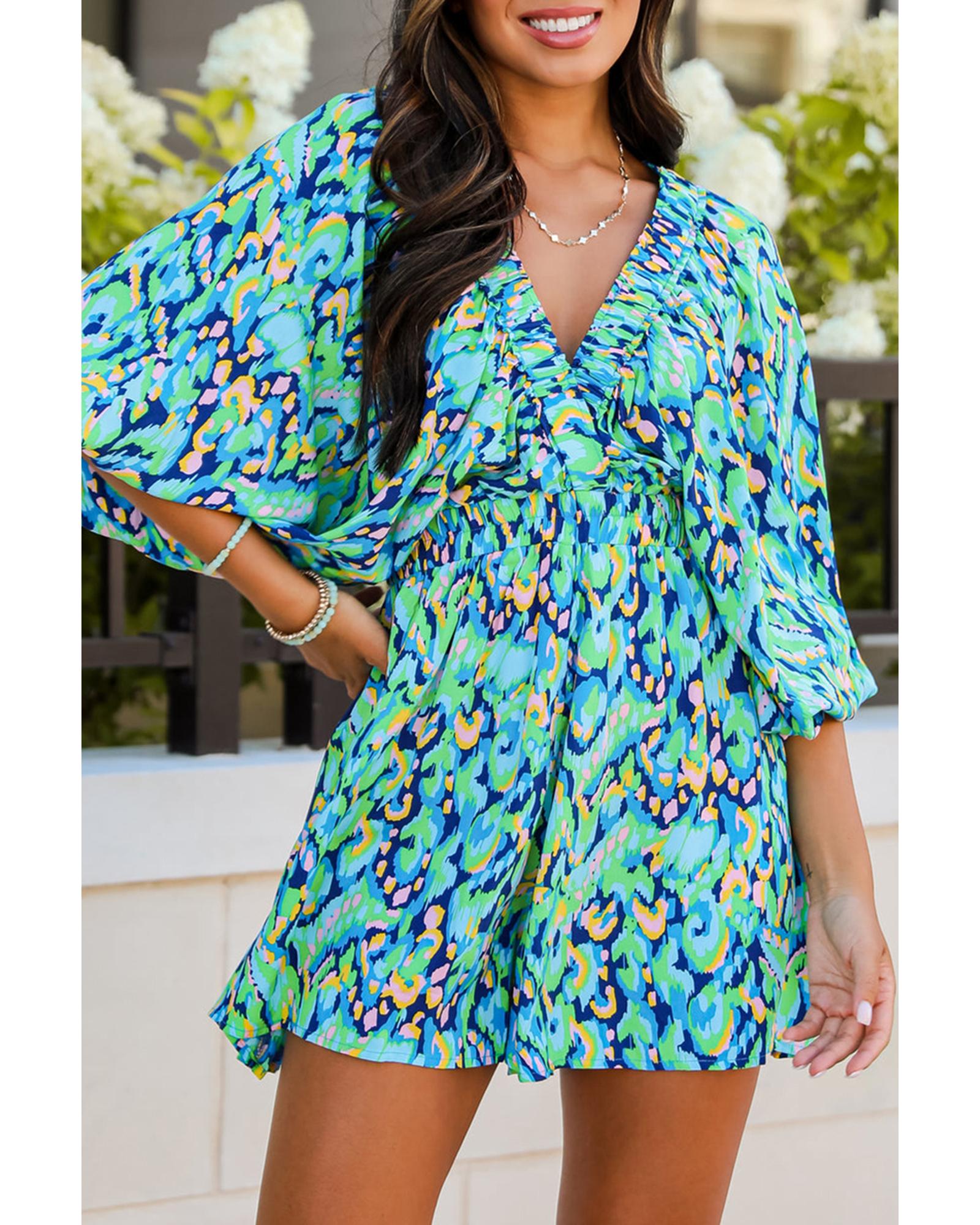 Green Abstract Print Puff Sleeve V Neck High Waist Romper - M 4
