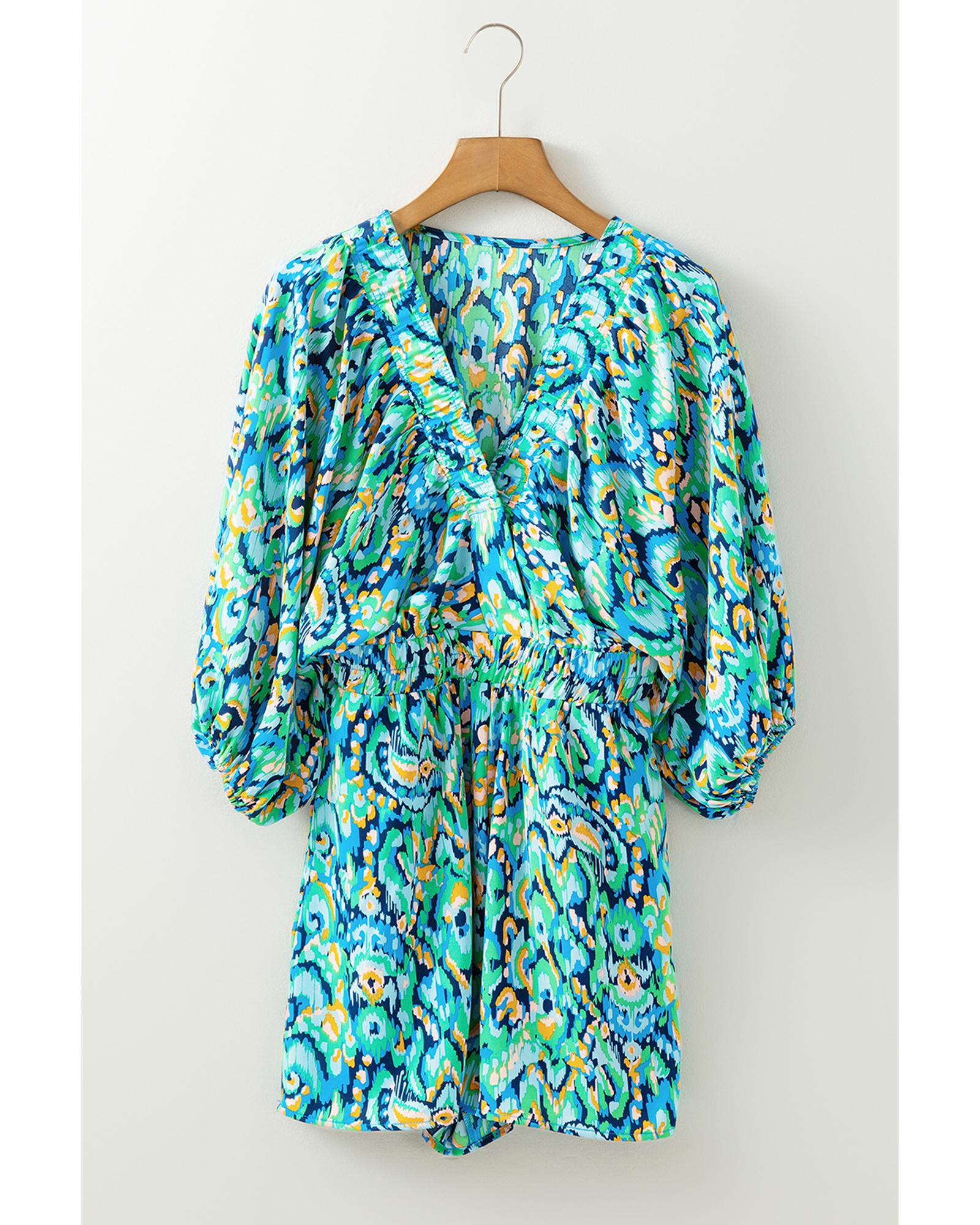 Green Abstract Print Puff Sleeve V Neck High Waist Romper - M 5