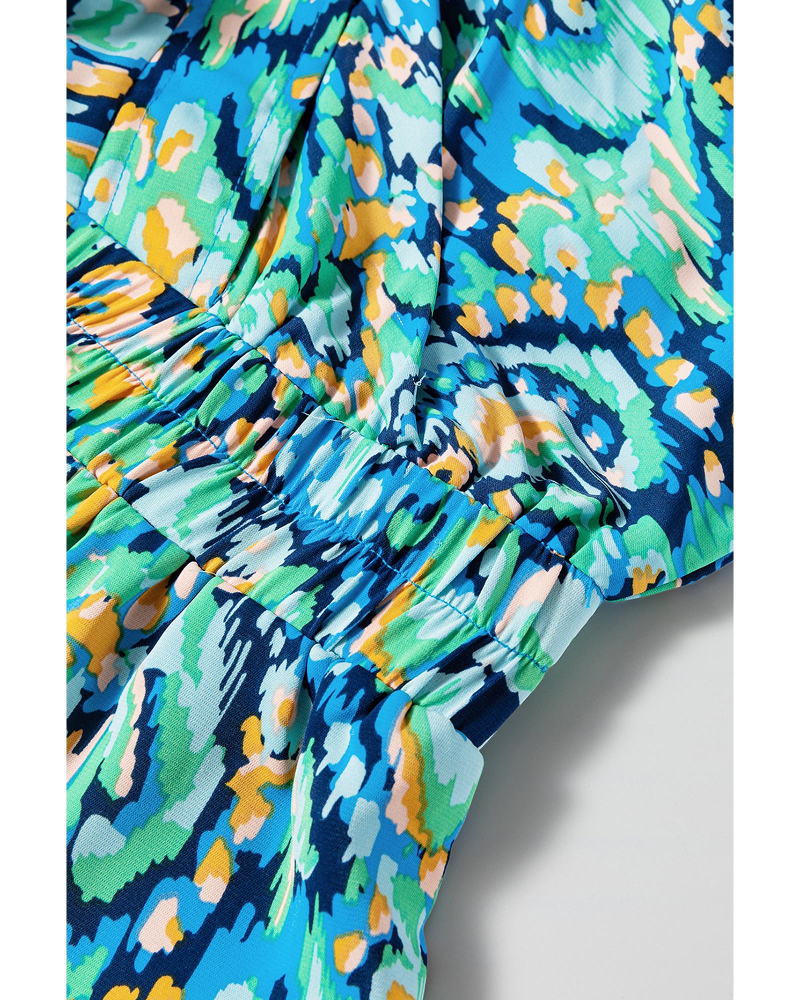 Green Abstract Print Puff Sleeve V Neck High Waist Romper - M 6