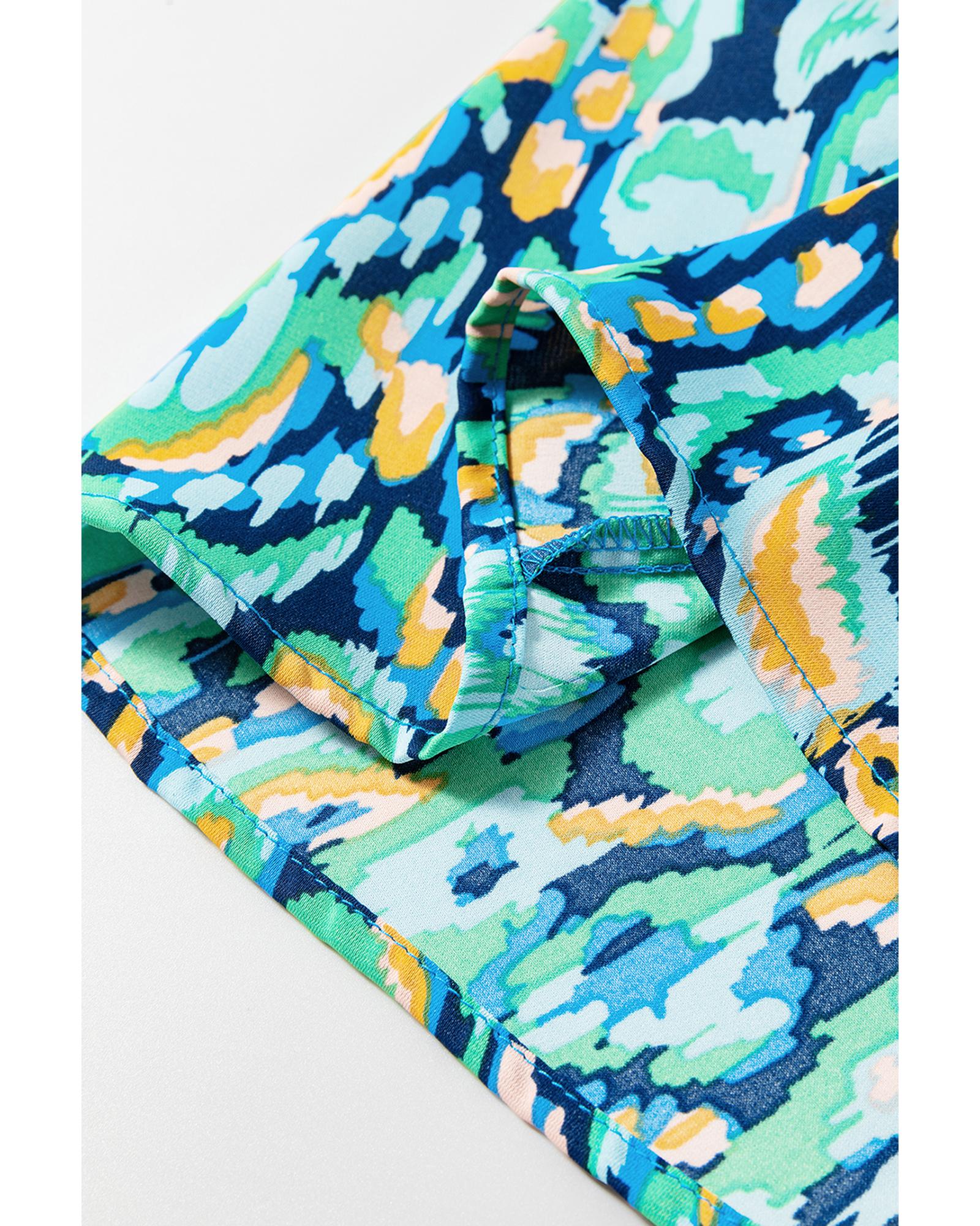 Green Abstract Print Puff Sleeve V Neck High Waist Romper - M 8