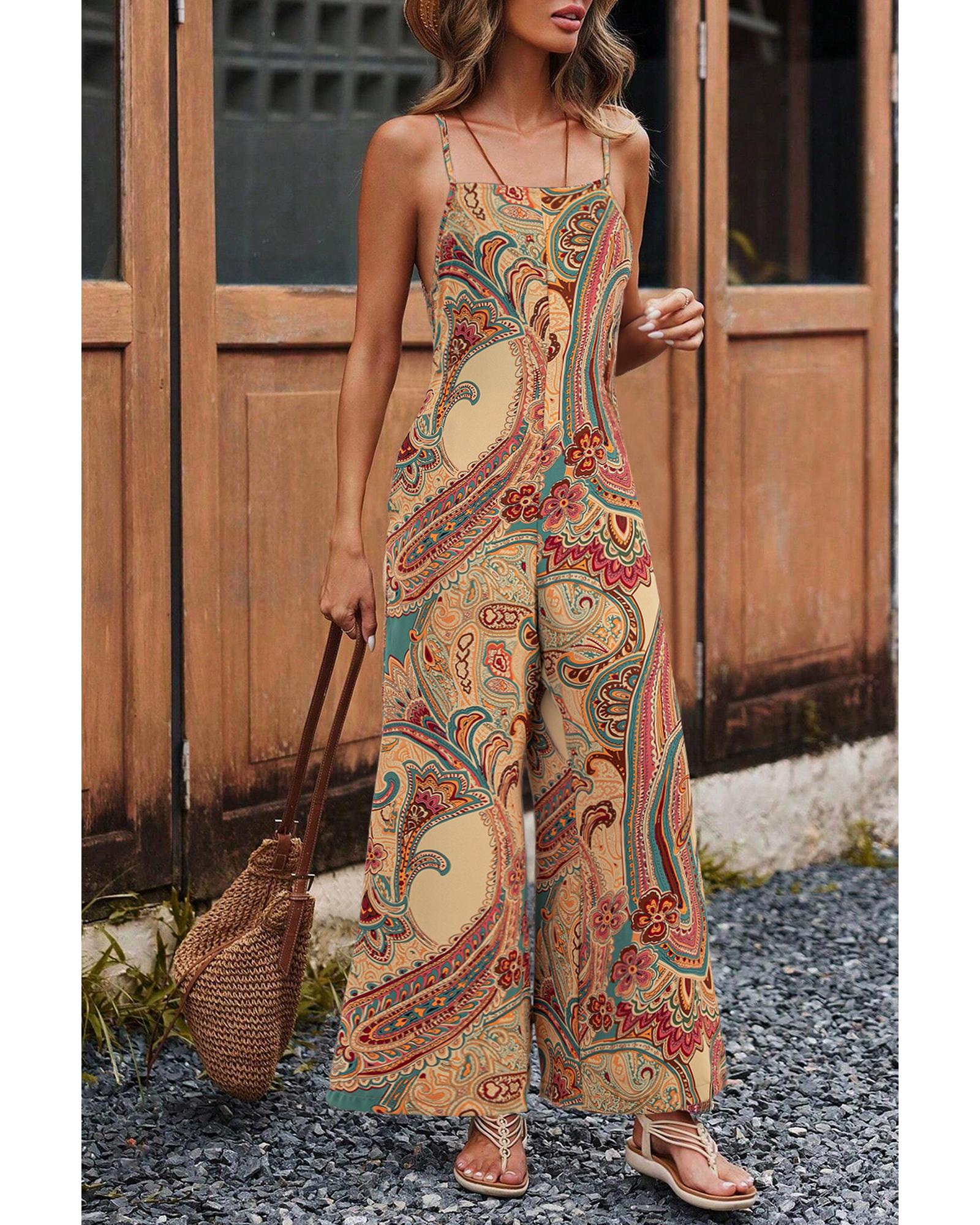 Red Paisley Printed Spaghetti Straps Elegant Wide Leg Jumpsuit - L