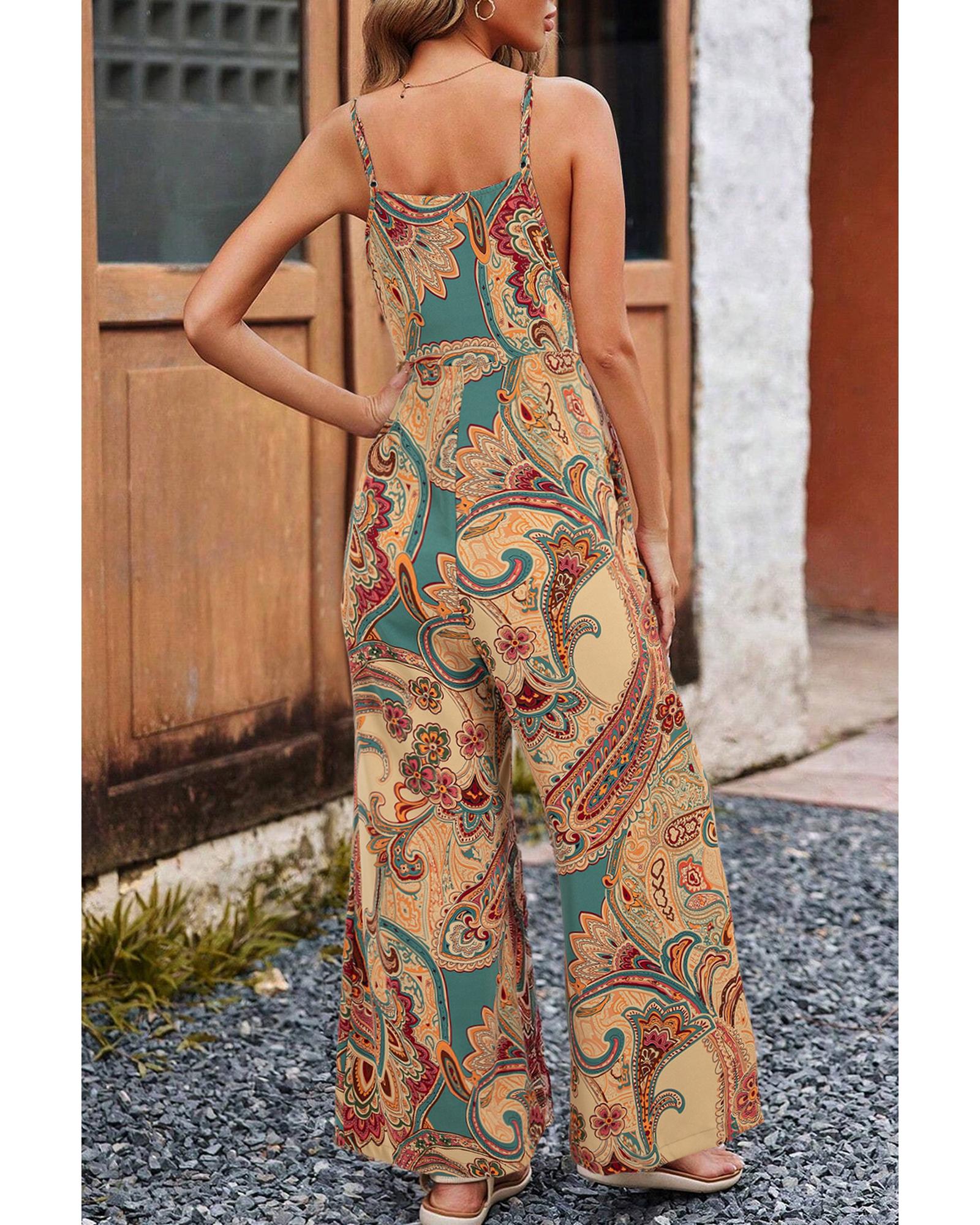 Red Paisley Printed Spaghetti Straps Elegant Wide Leg Jumpsuit - M