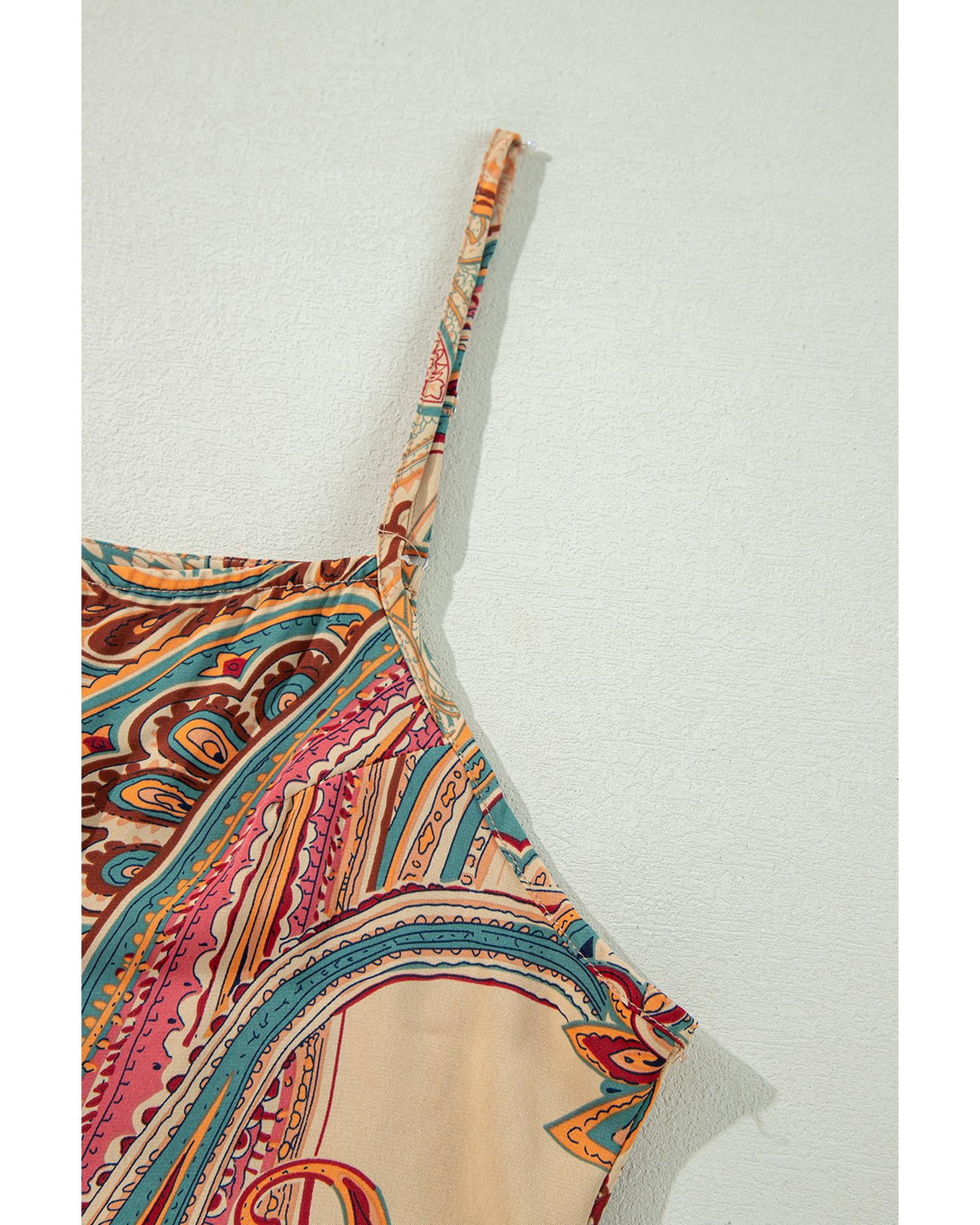 Red Paisley Printed Spaghetti Straps Elegant Wide Leg Jumpsuit - S 5