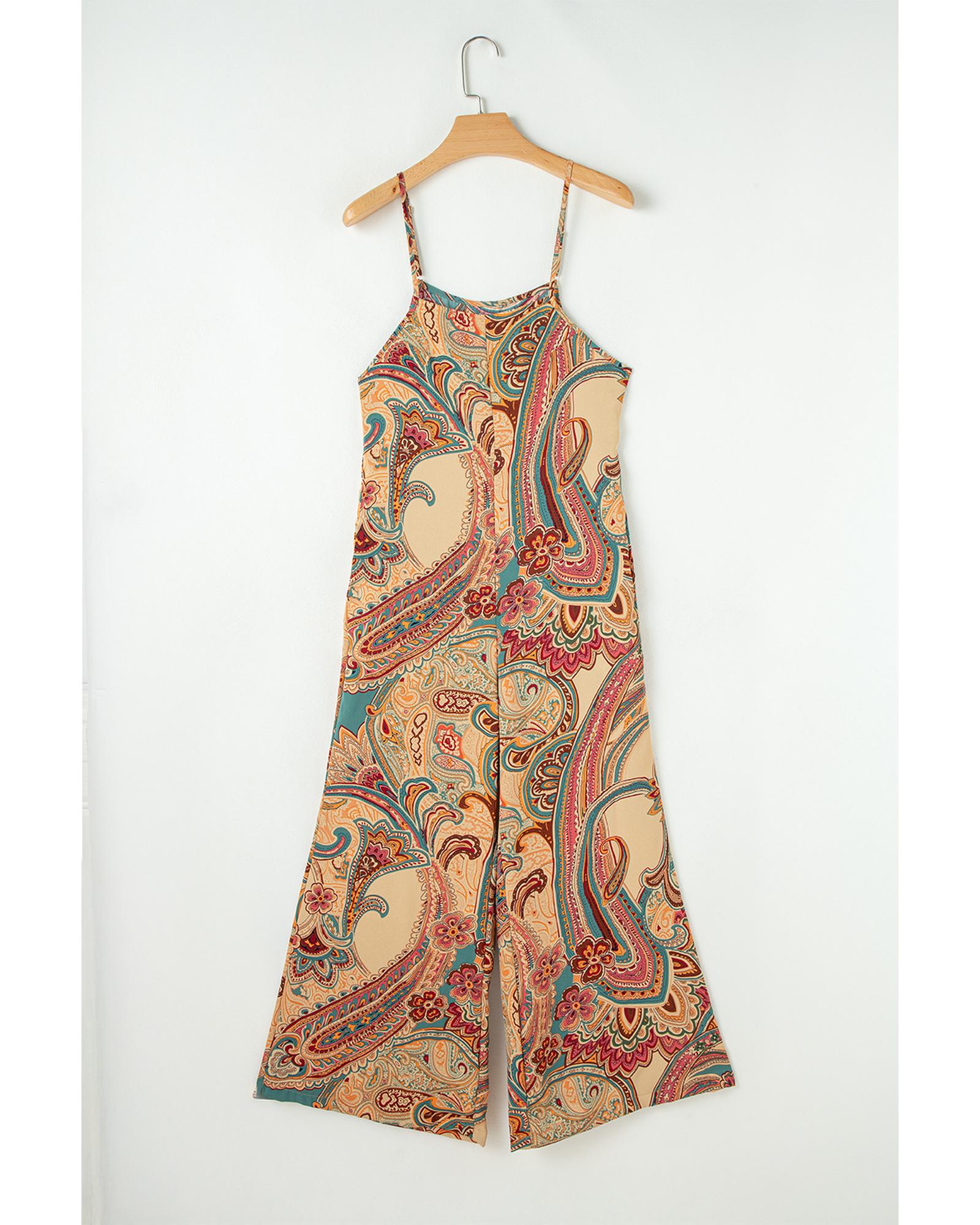 Red Paisley Printed Spaghetti Straps Elegant Wide Leg Jumpsuit - XL 3