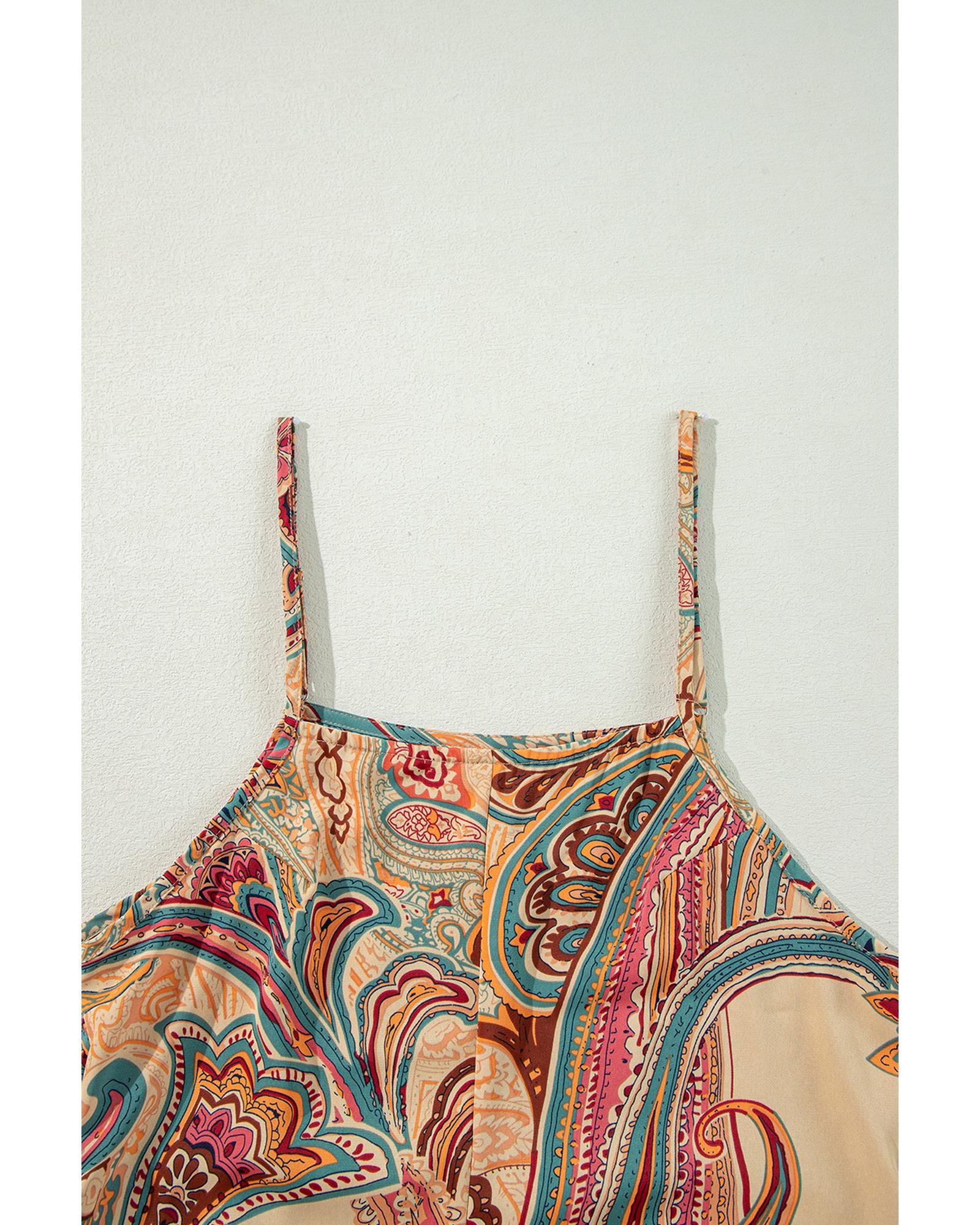 Red Paisley Printed Spaghetti Straps Elegant Wide Leg Jumpsuit - XL 5