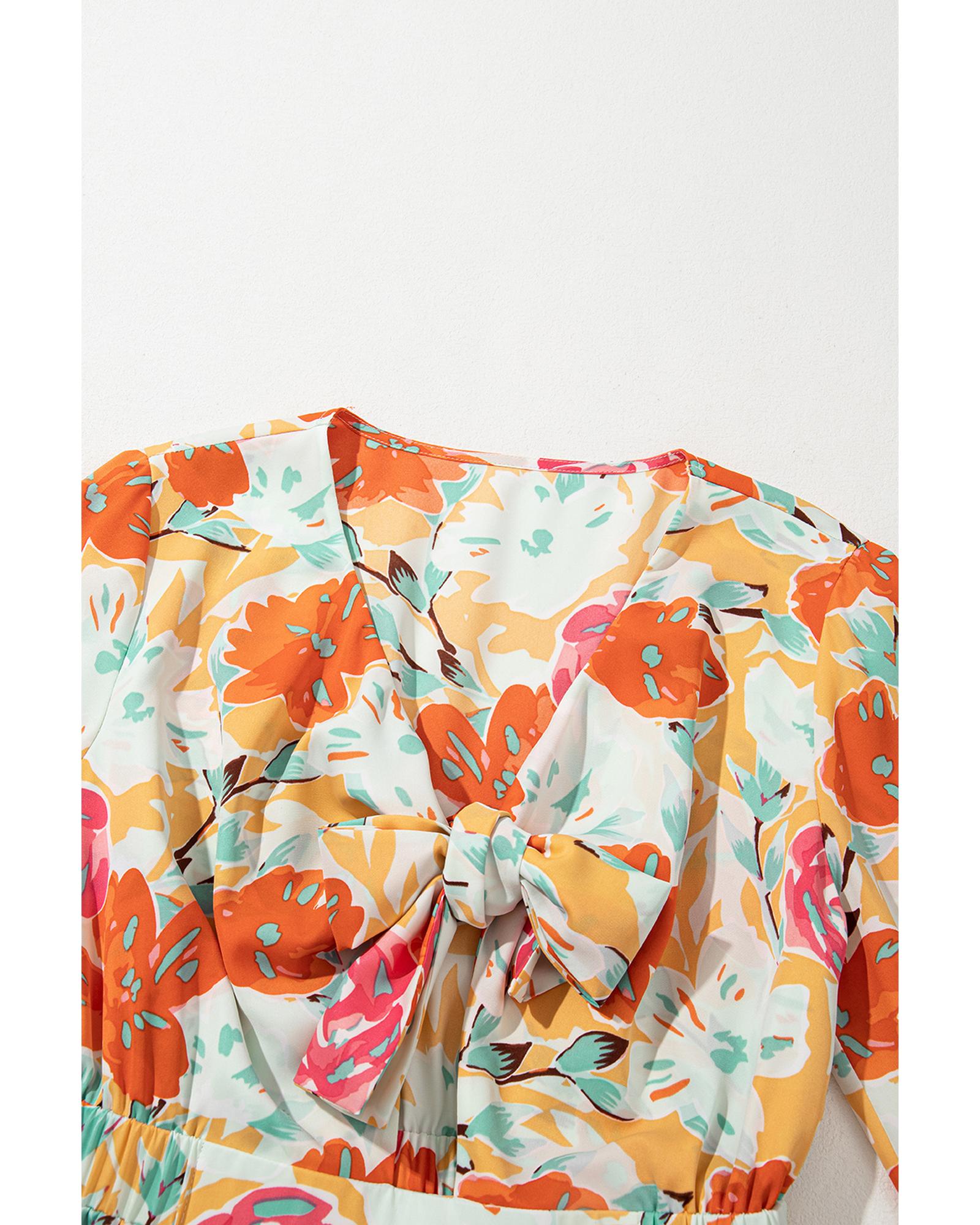 Orange Blooming Floral Print Front Tie Romper - L 5