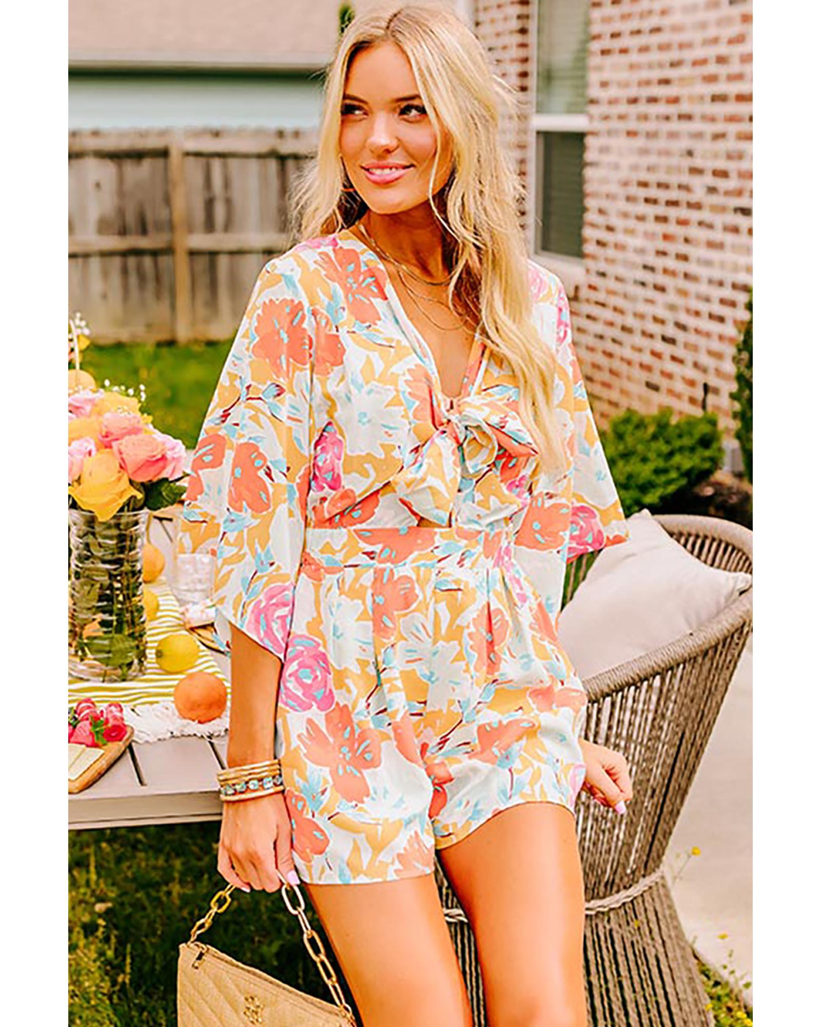 Orange Blooming Floral Print Front Tie Romper - XL 4