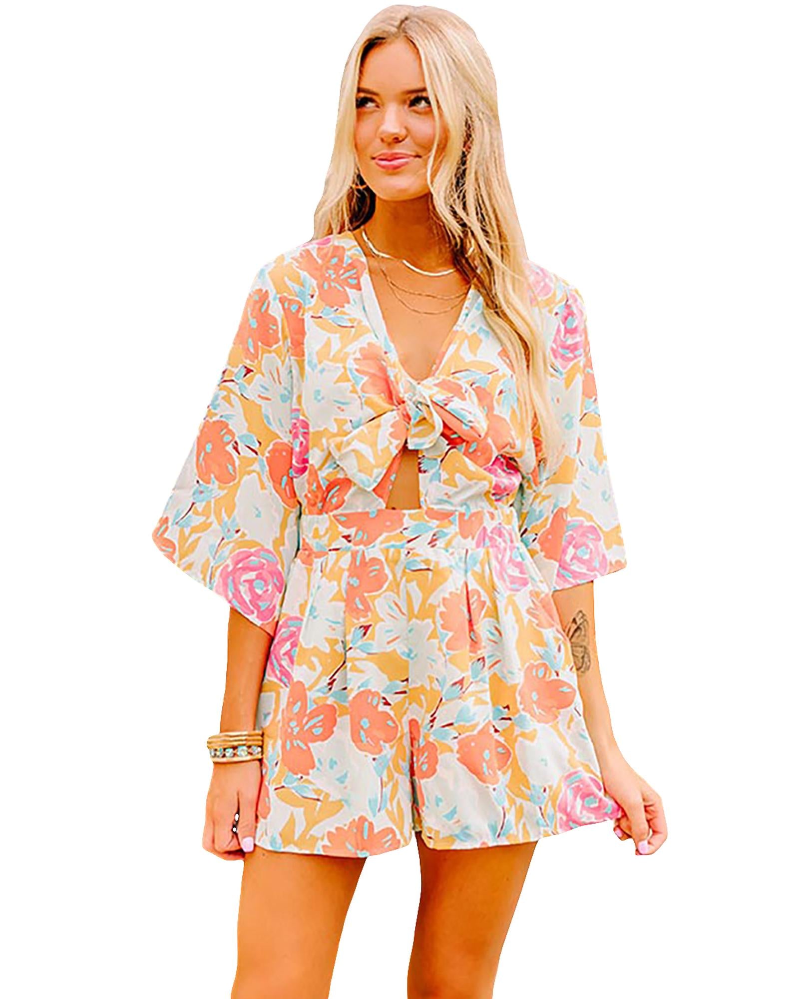 Orange Blooming Floral Print Front Tie Romper - XL 6