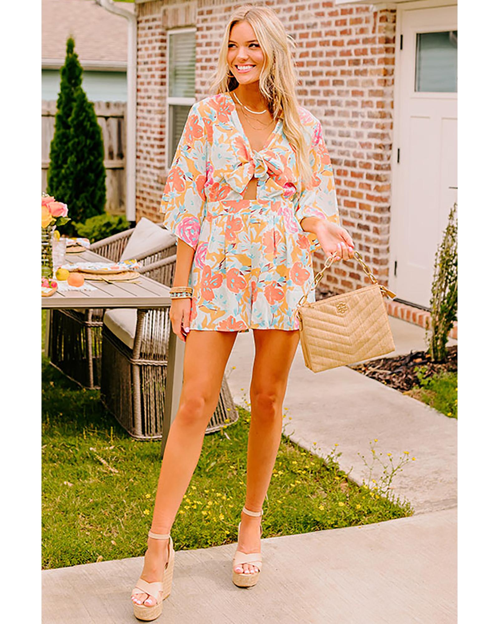 Orange Blooming Floral Print Front Tie Romper - XL 7