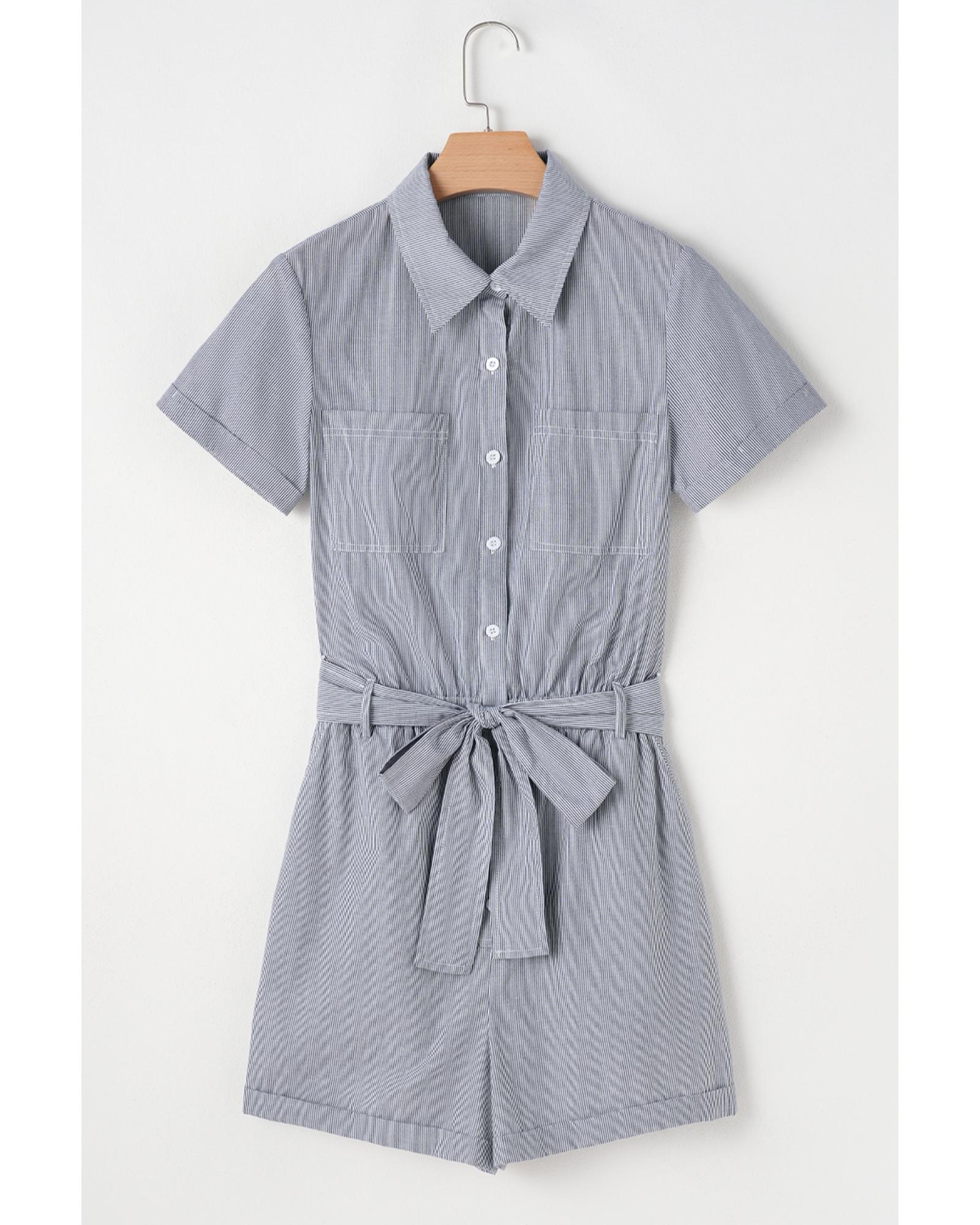 Blue Stripe Chest Pockets Buttoned Belted High Waist Romper - M 6