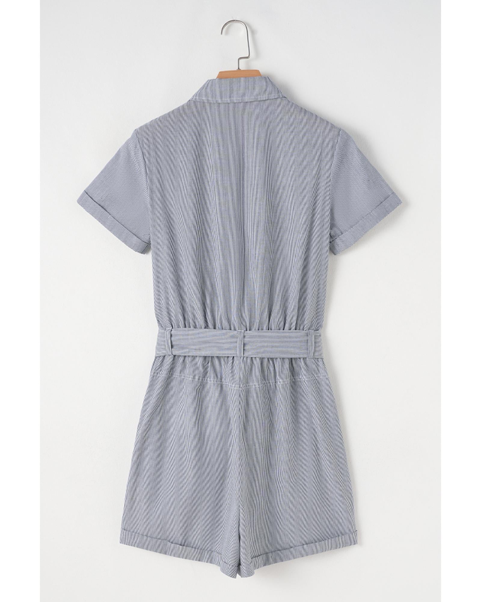 Blue Stripe Chest Pockets Buttoned Belted High Waist Romper - M 7