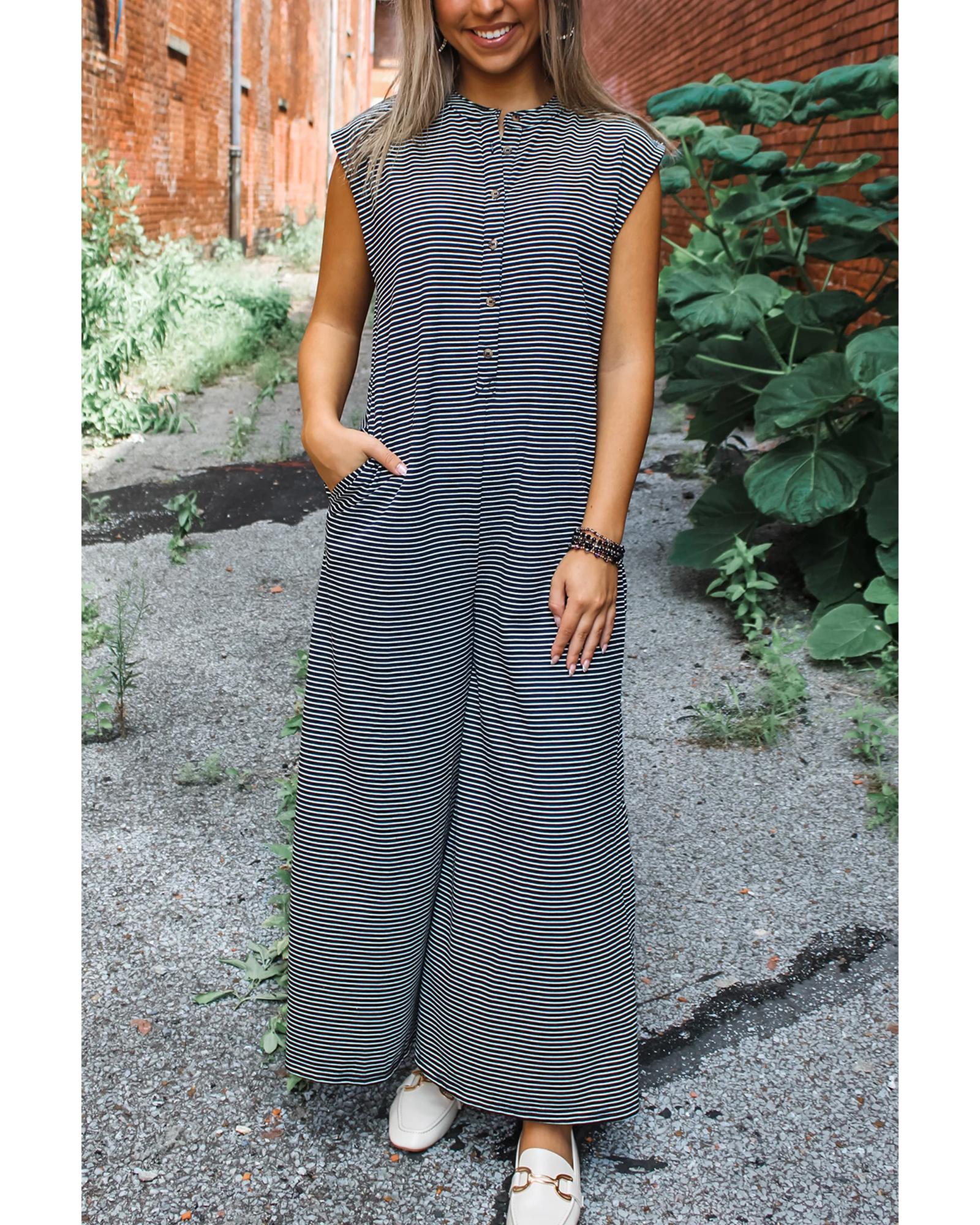 Black white Striped Print Buttoned Wide Leg Sleeveless Jumpsuit - L