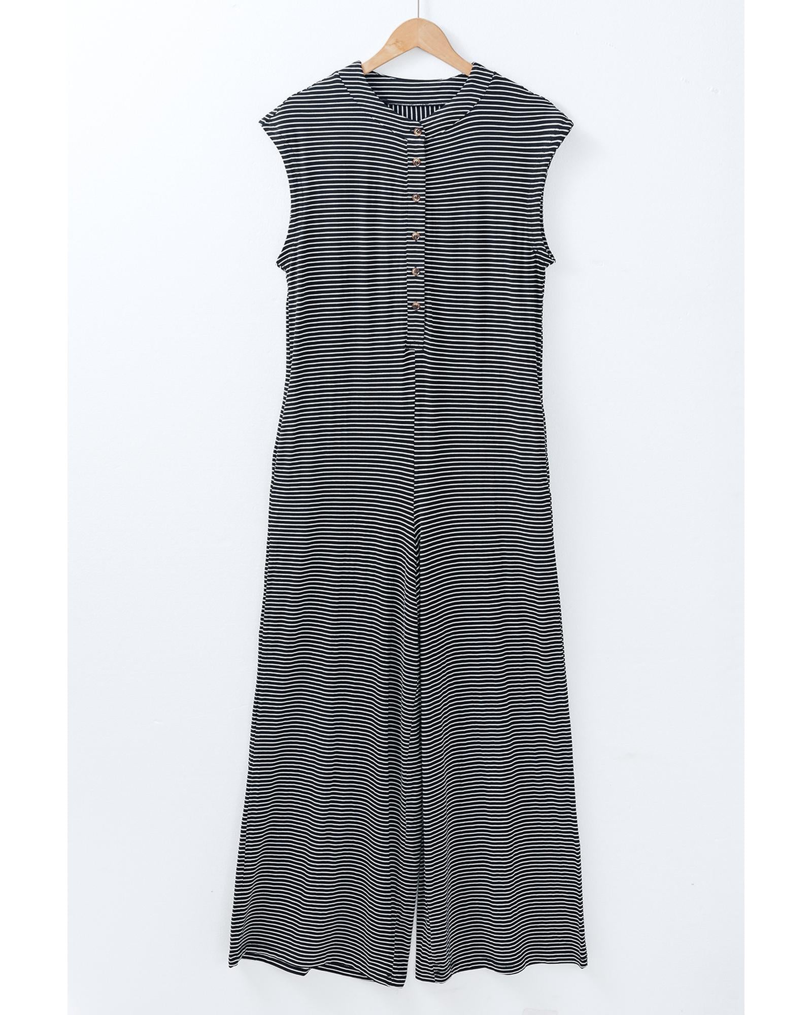 Black white Striped Print Buttoned Wide Leg Sleeveless Jumpsuit - L 7