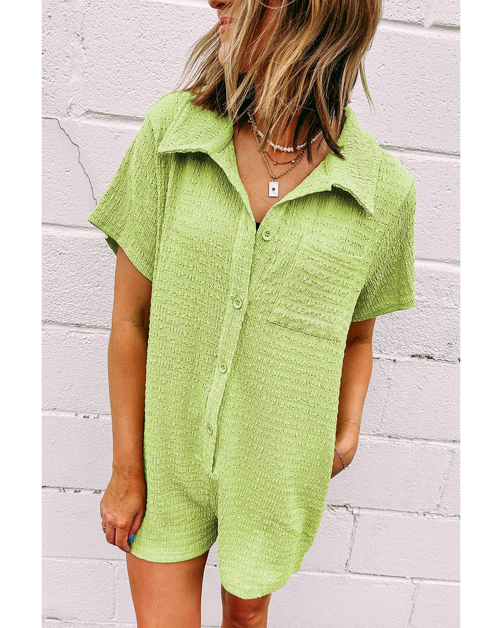Meadow Mist Green Textured Short Sleeve Patched Pocket Buttoned Shirt Romper - M