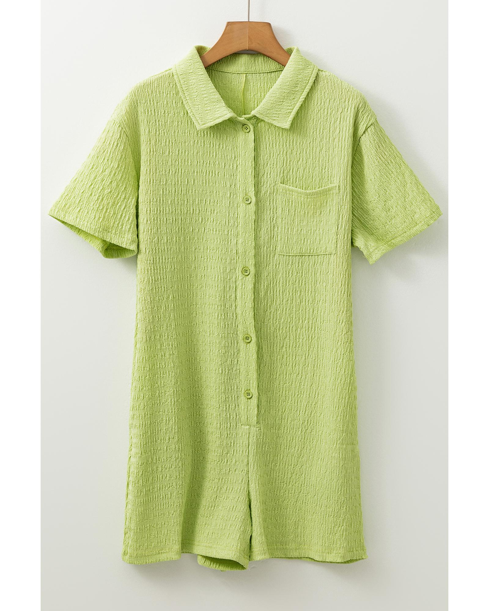 Meadow Mist Green Textured Short Sleeve Patched Pocket Buttoned Shirt Romper - M 3