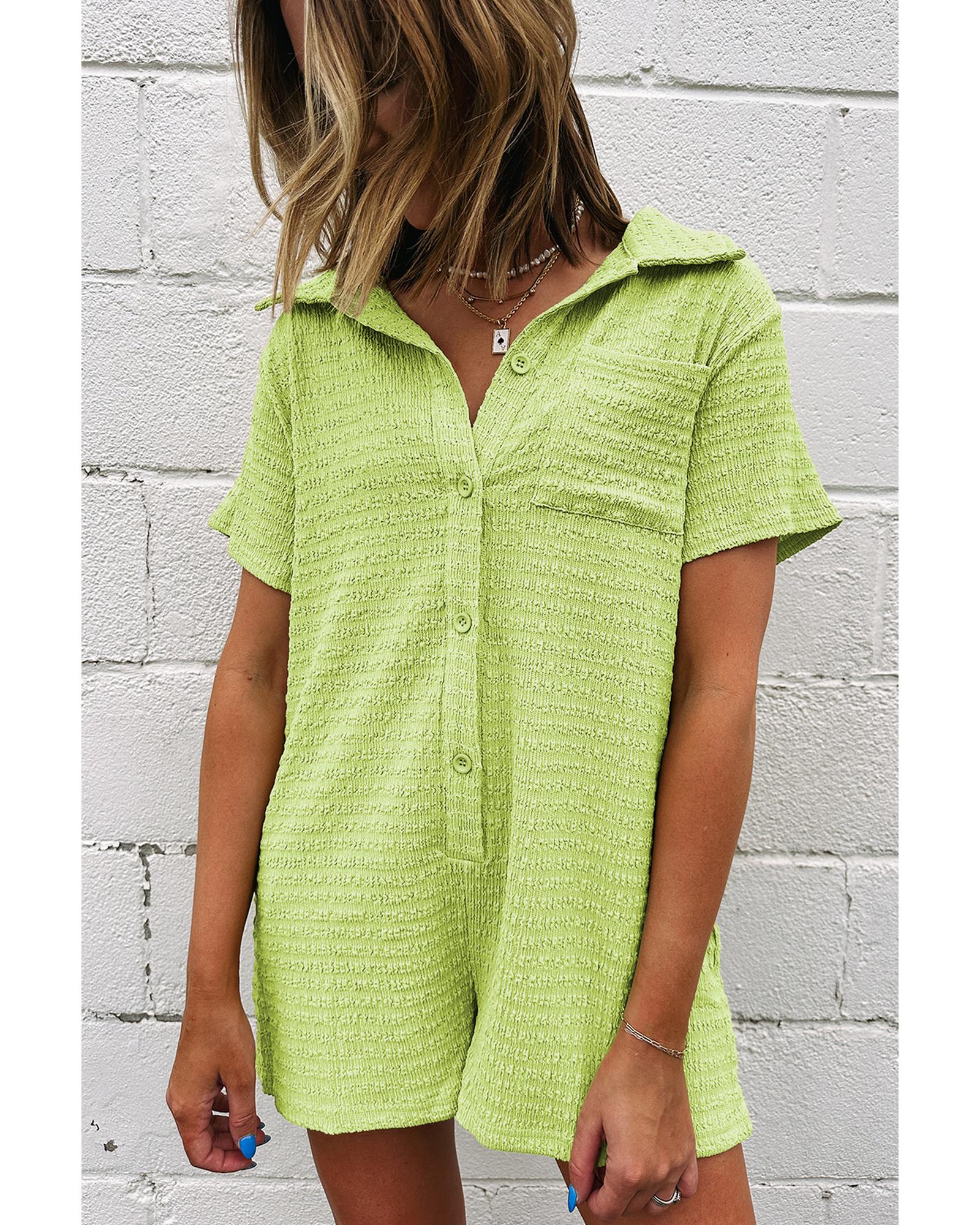 Meadow Mist Green Textured Short Sleeve Patched Pocket Buttoned Shirt Romper - S
