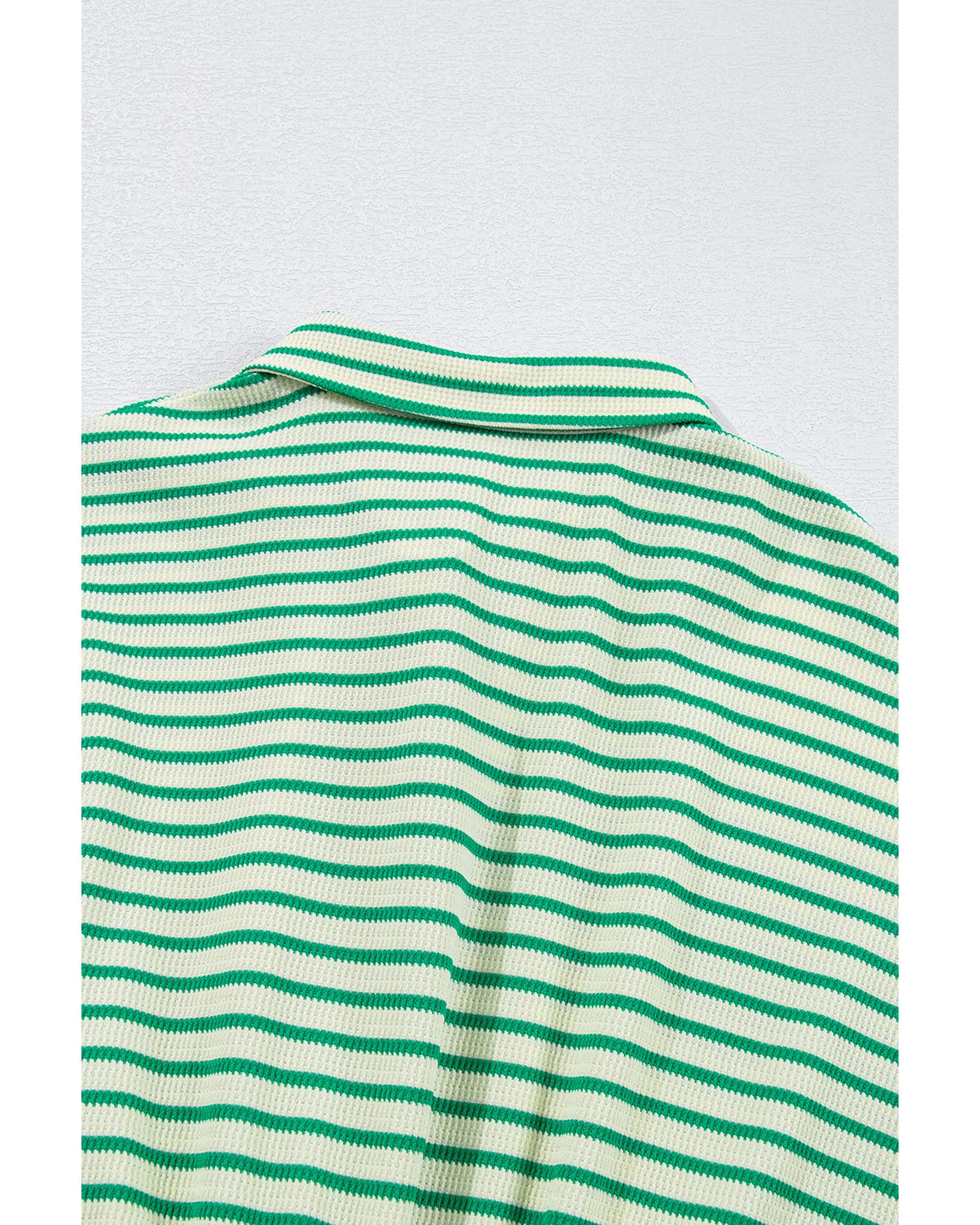 Green Stripe Textured Short Sleeve Collared Buttoned Waist Tie Romper - L 4