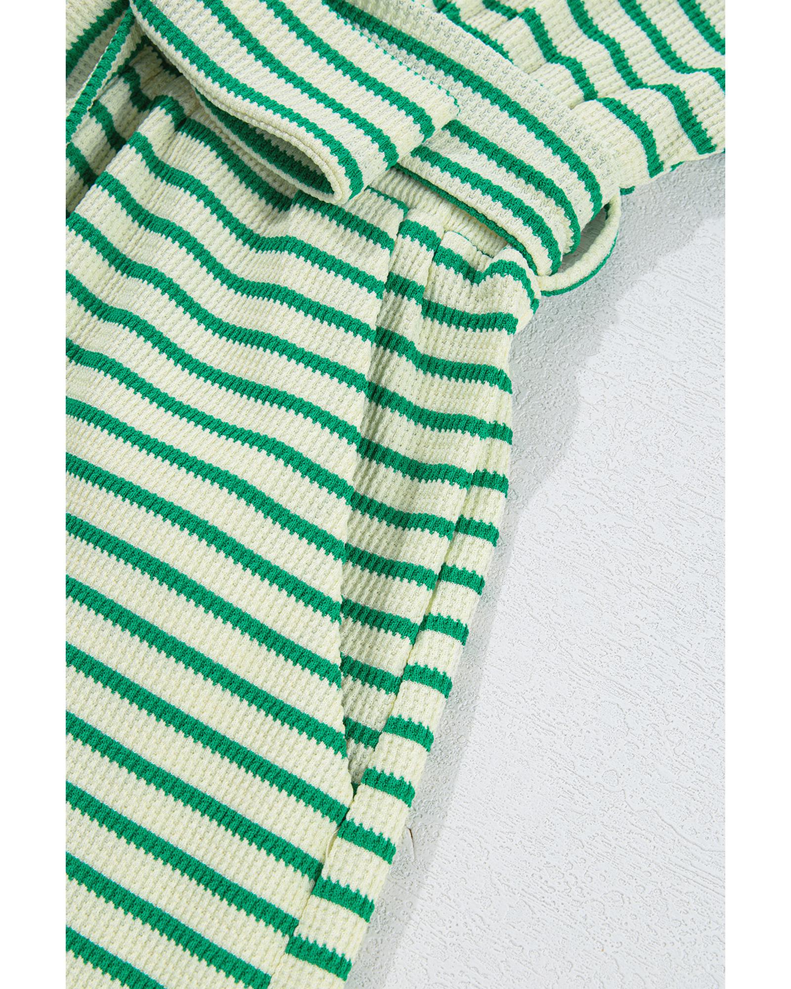 Green Stripe Textured Short Sleeve Collared Buttoned Waist Tie Romper - L 8