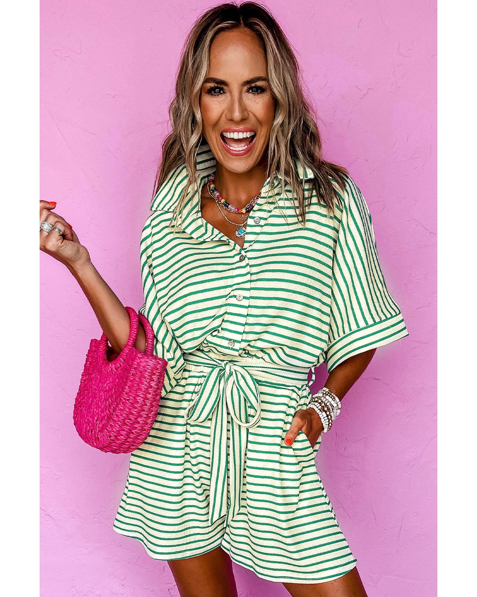 Green Stripe Textured Short Sleeve Collared Buttoned Waist Tie Romper - XL 6