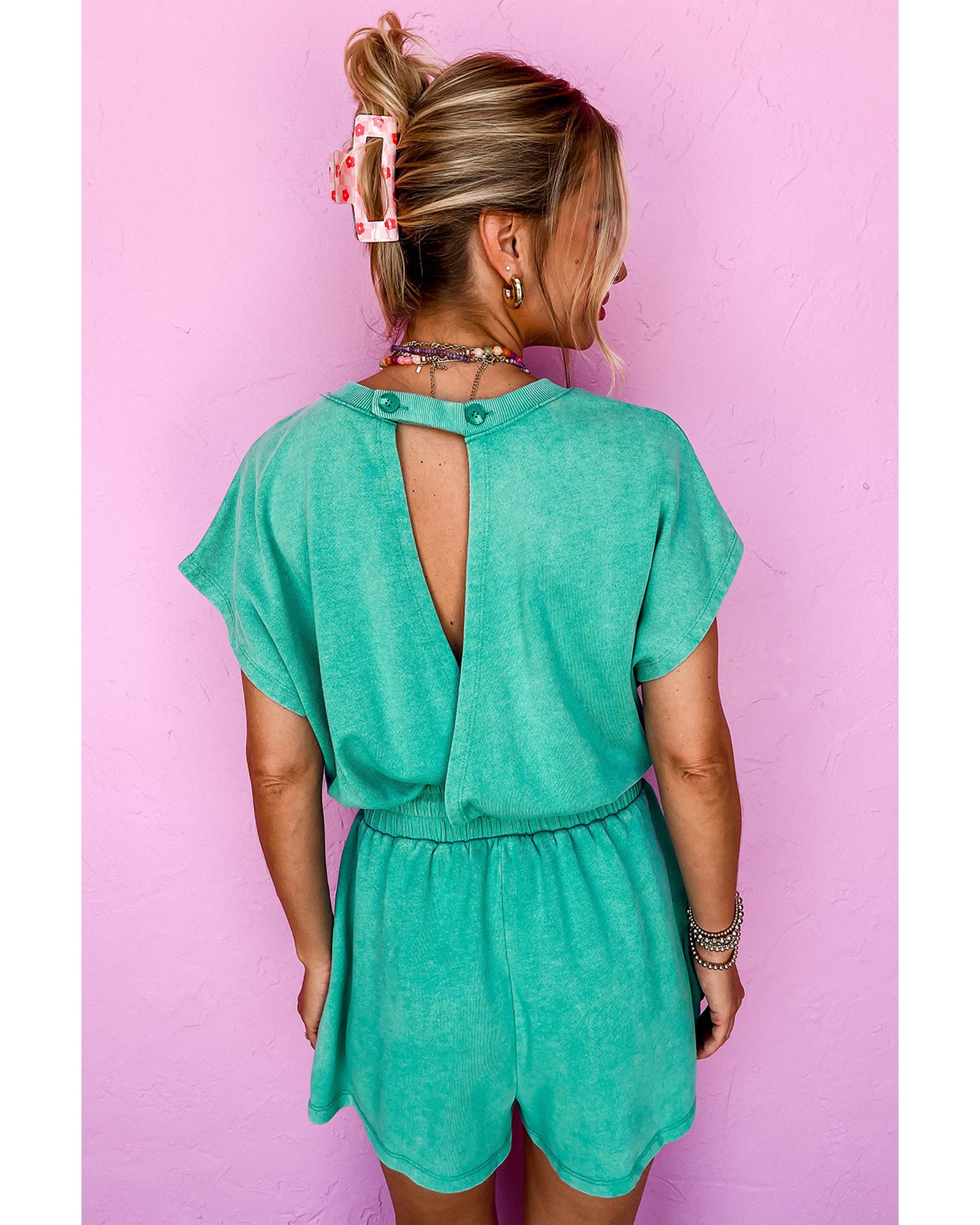 Sea Green Mineral Wash Drawstring Waist Hollow Out Back Short Sleeve Romper - L