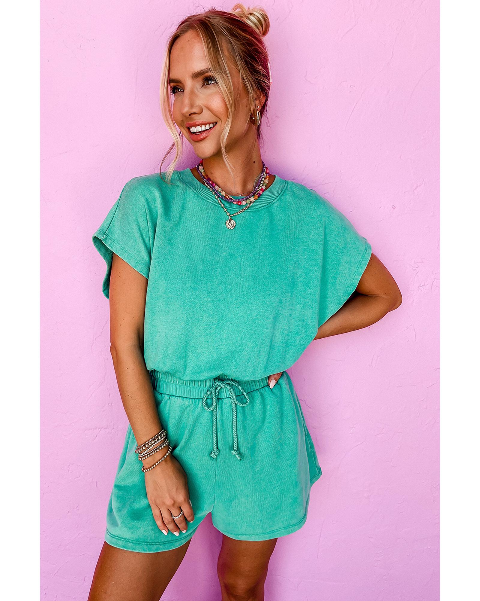 Sea Green Mineral Wash Drawstring Waist Hollow Out Back Short Sleeve Romper - L 3