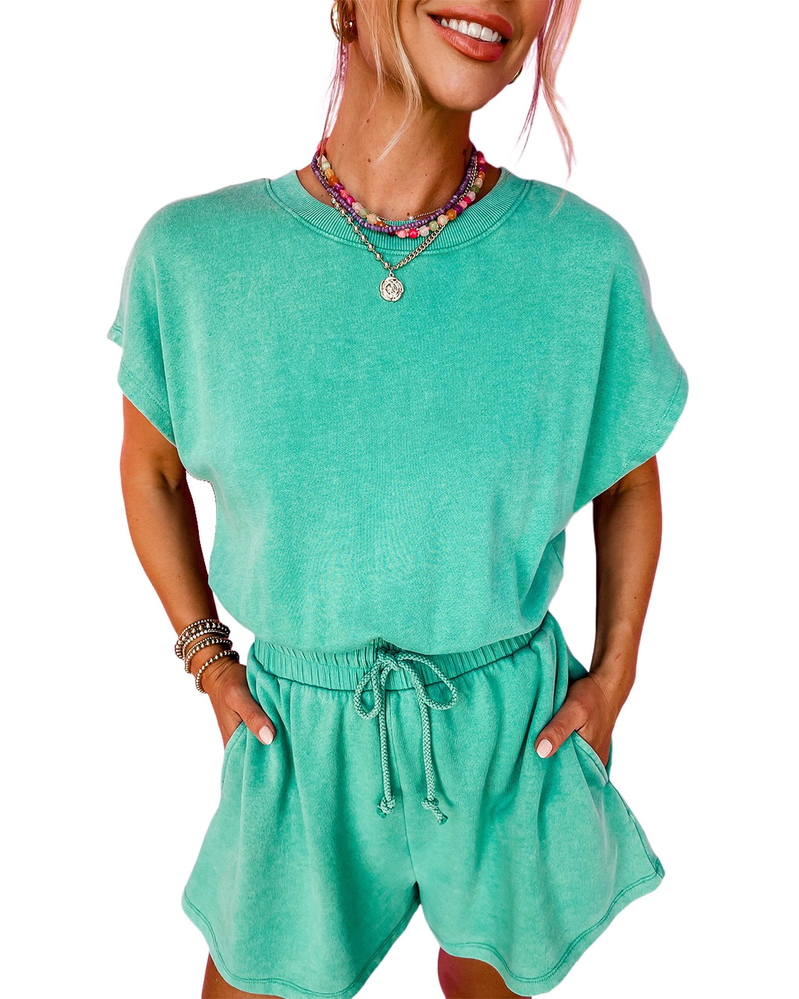 Sea Green Mineral Wash Drawstring Waist Hollow Out Back Short Sleeve Romper - L 7