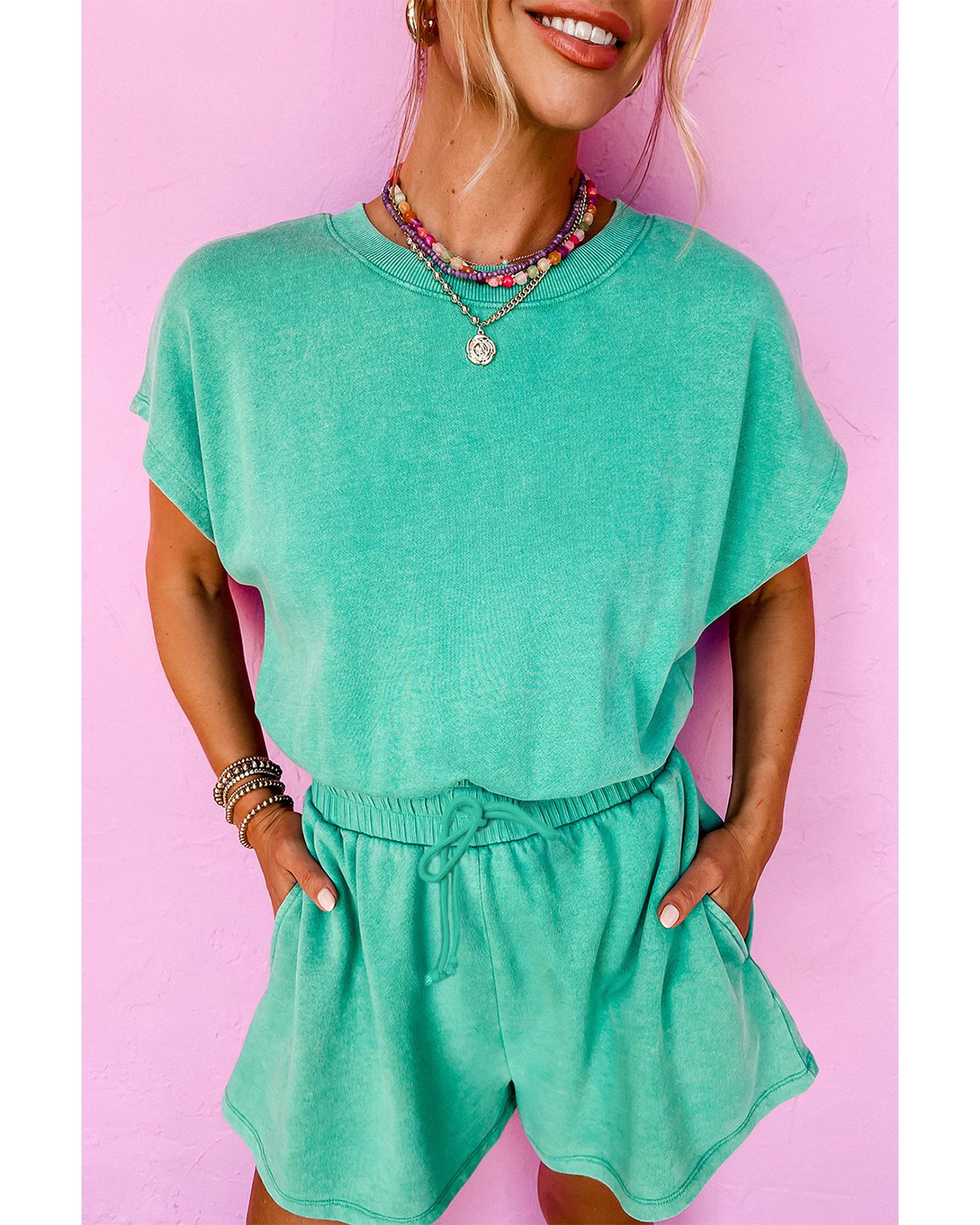 Sea Green Mineral Wash Drawstring Waist Hollow Out Back Short Sleeve Romper - M