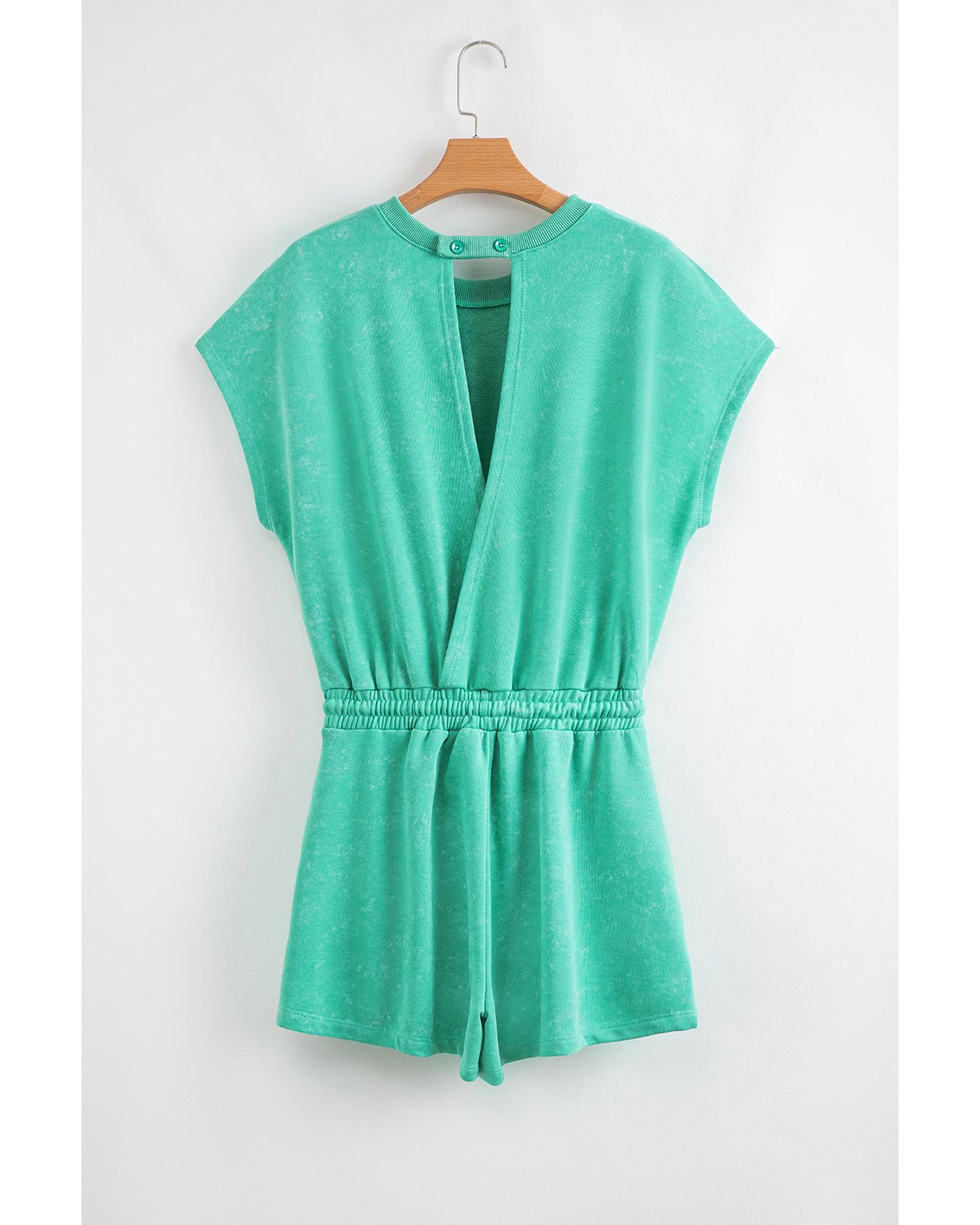 Sea Green Mineral Wash Drawstring Waist Hollow Out Back Short Sleeve Romper - M 8