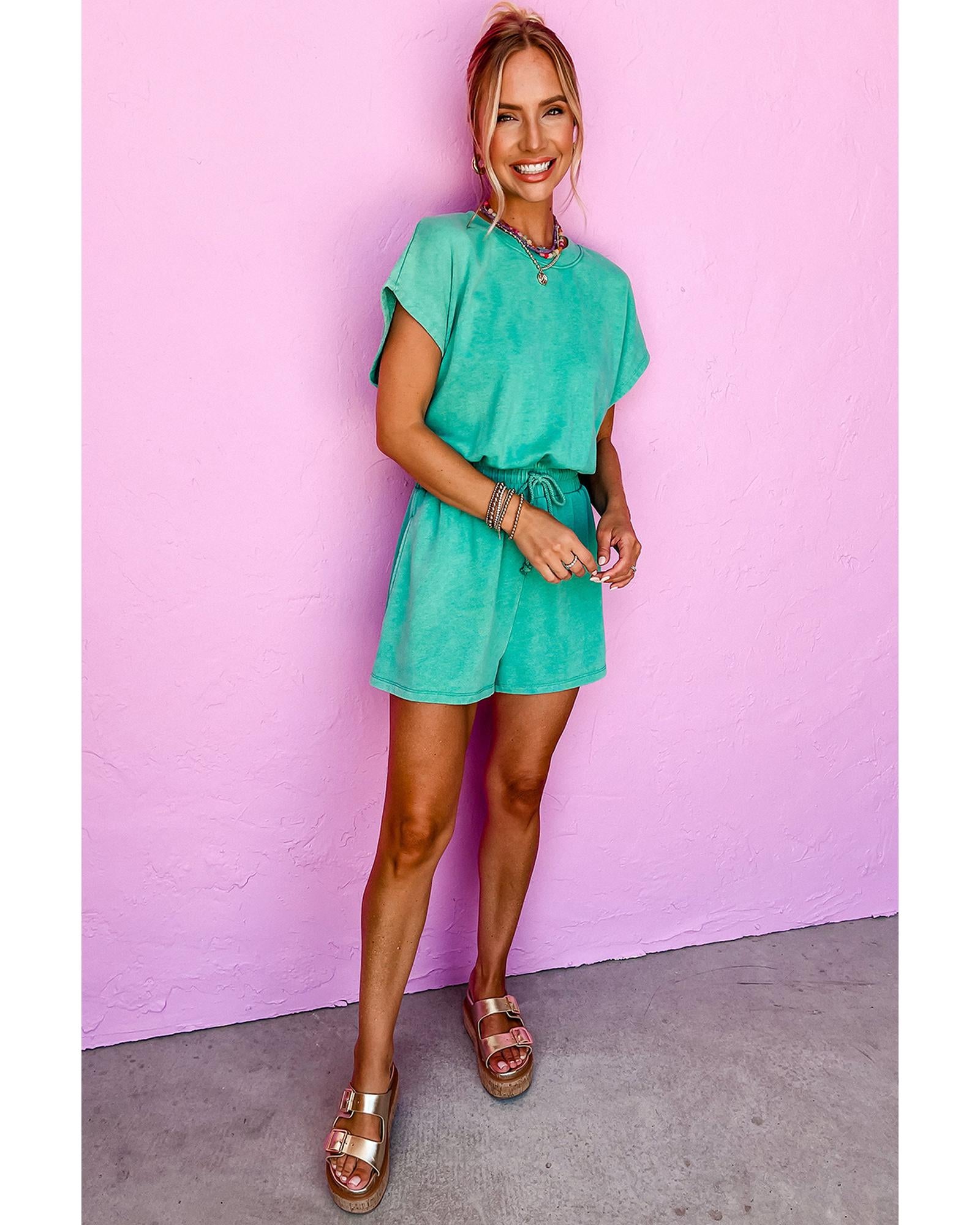 Sea Green Mineral Wash Drawstring Waist Hollow Out Back Short Sleeve Romper - XL 4