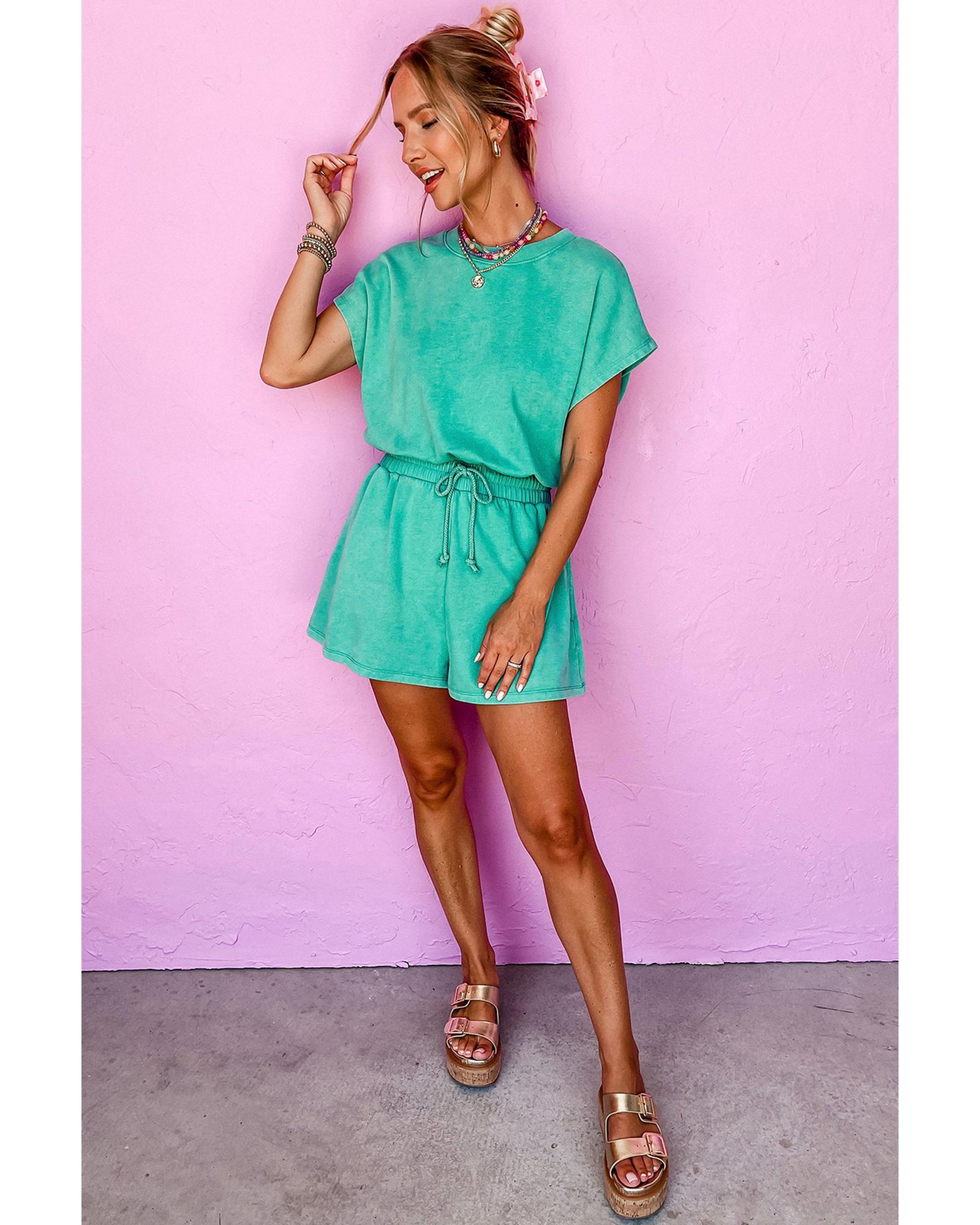 Sea Green Mineral Wash Drawstring Waist Hollow Out Back Short Sleeve Romper - XL 5