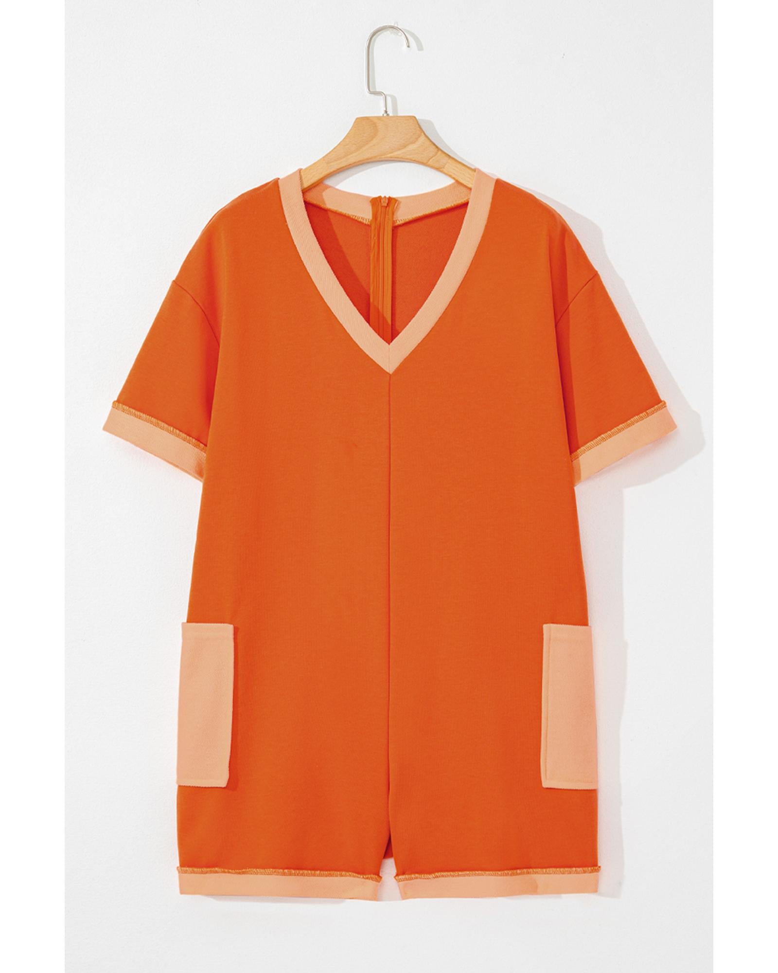 Russet Orange Two-tone Short Sleeve V Neck Patched Pocket Loose Romper - L 3