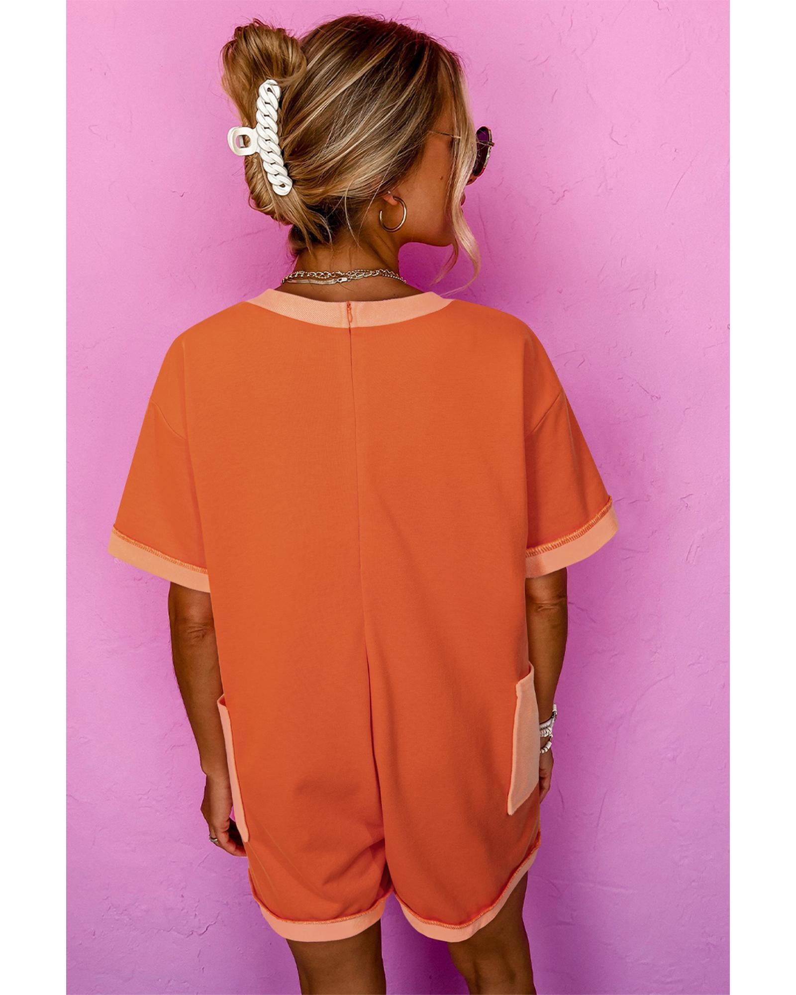 Russet Orange Two-tone Short Sleeve V Neck Patched Pocket Loose Romper - S