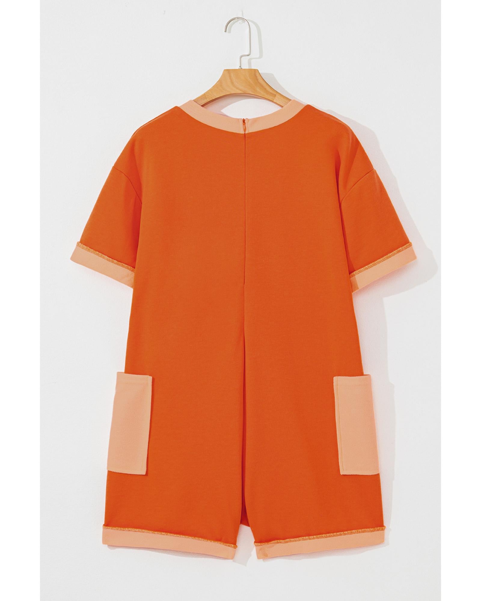 Russet Orange Two-tone Short Sleeve V Neck Patched Pocket Loose Romper - S 4